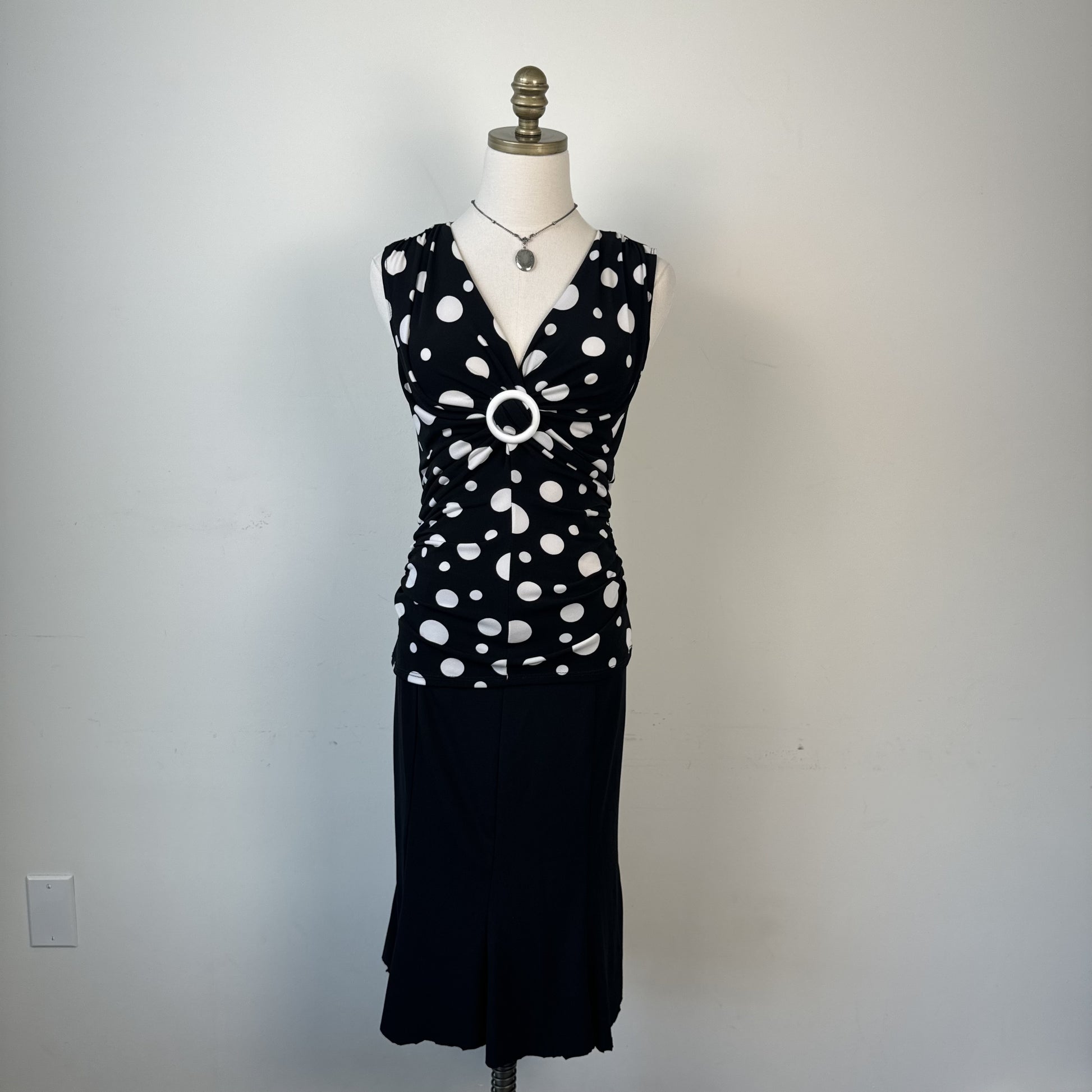 Vintage Black White Polka Dot Ruched Buckle Top