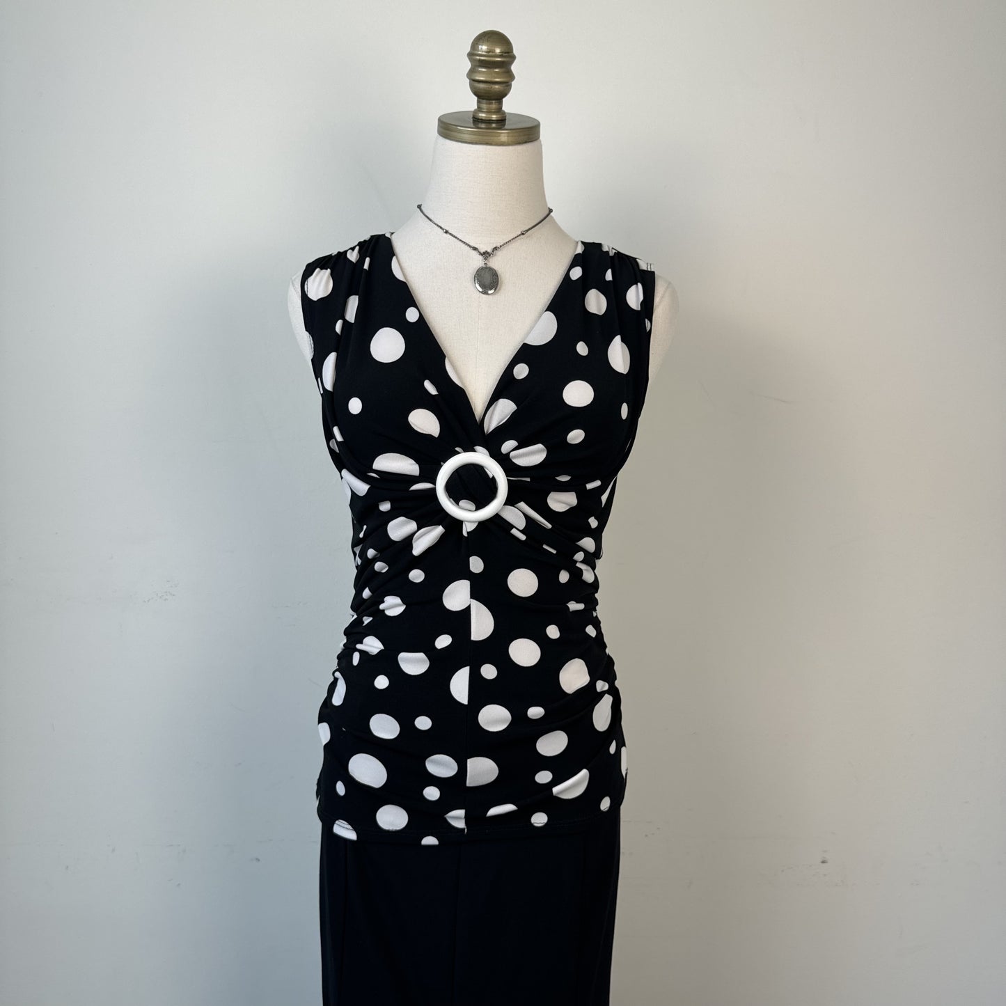 Vintage Black White Polka Dot Ruched Buckle Top – view 2