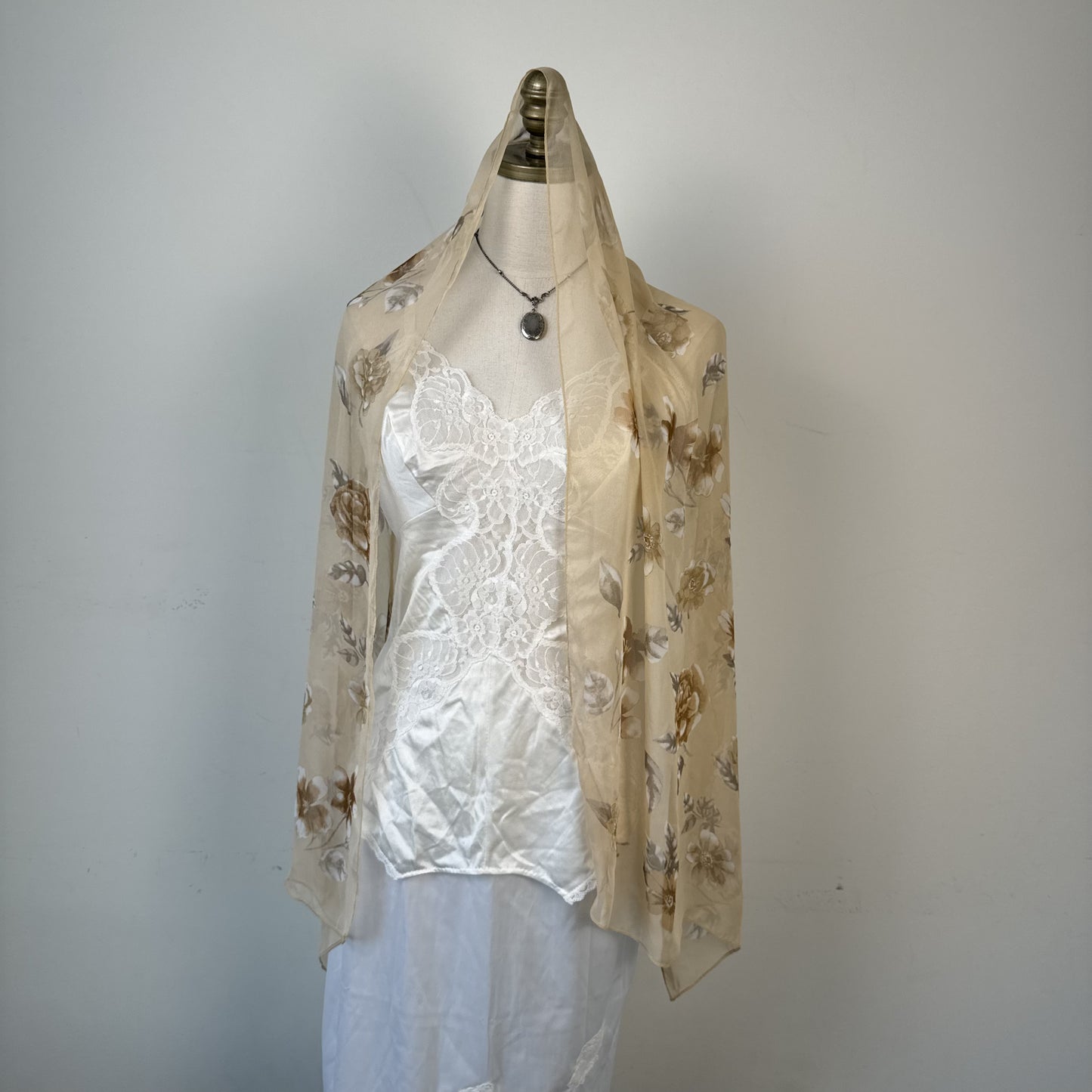 Peach Floral Print Silk Blend Long Skinny Scarf