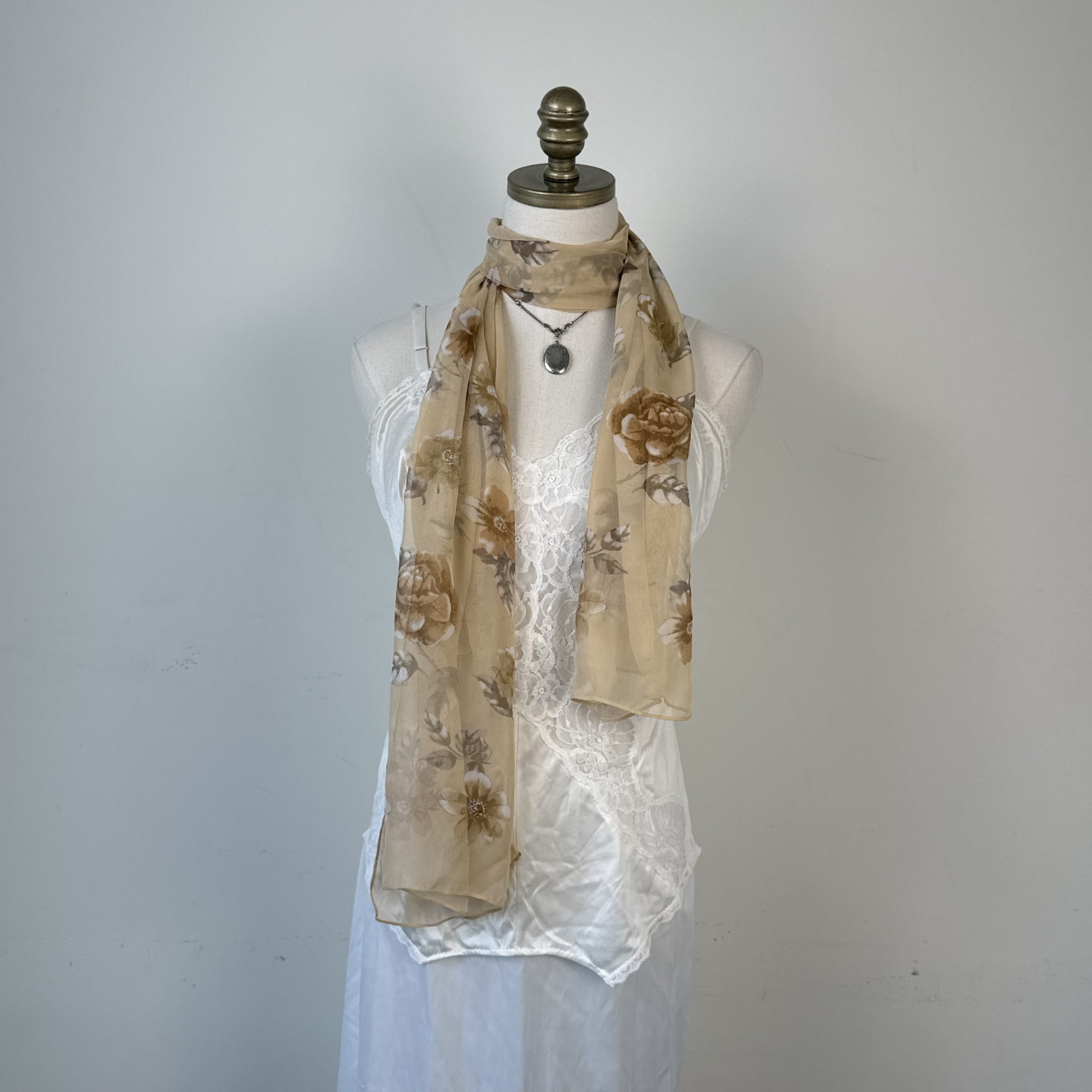 Peach Floral Print Silk Blend Long Skinny Scarf – view 7