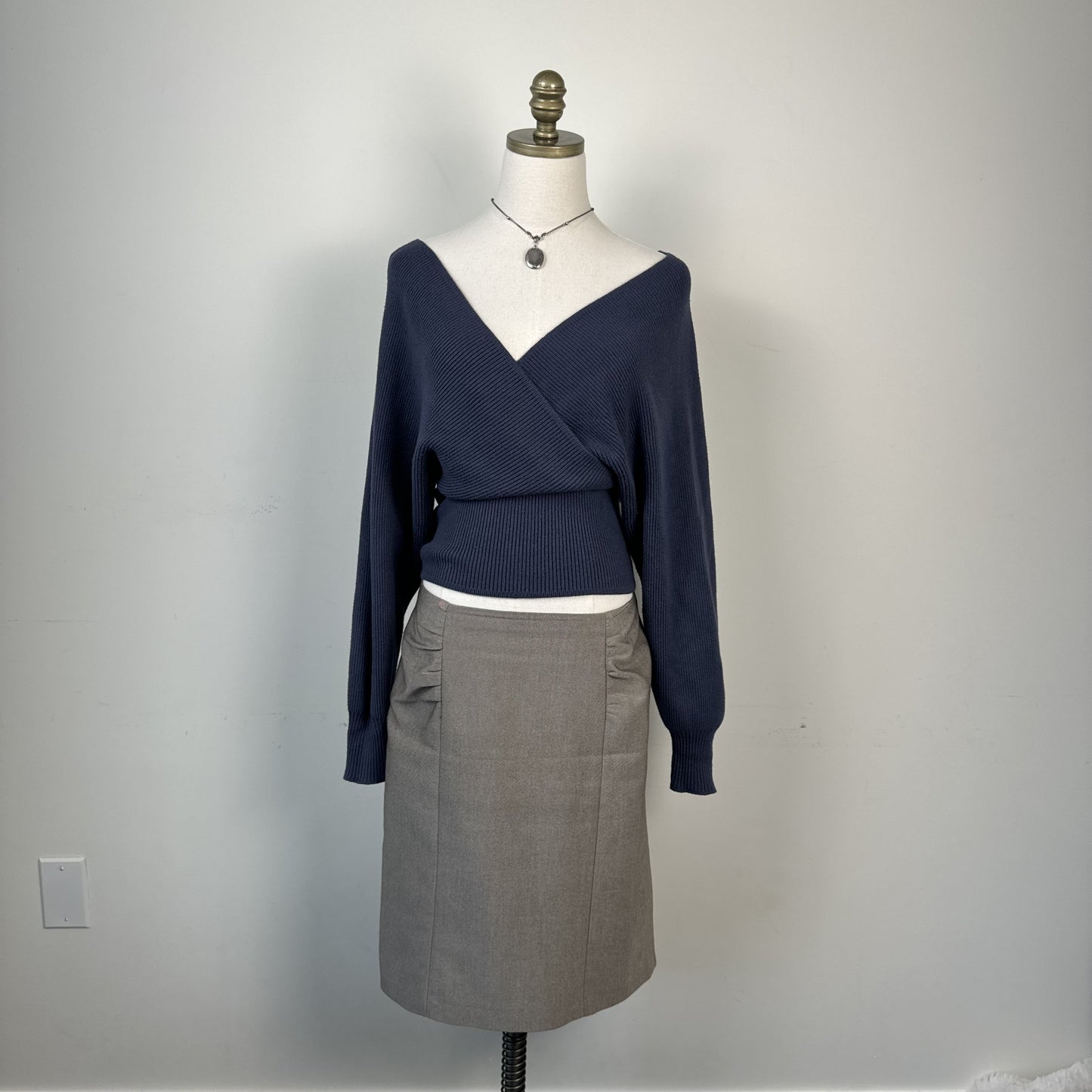 Love Tree Pigeon Blue Off Shoulder Cinched Dolman Wrap Sweater Top
