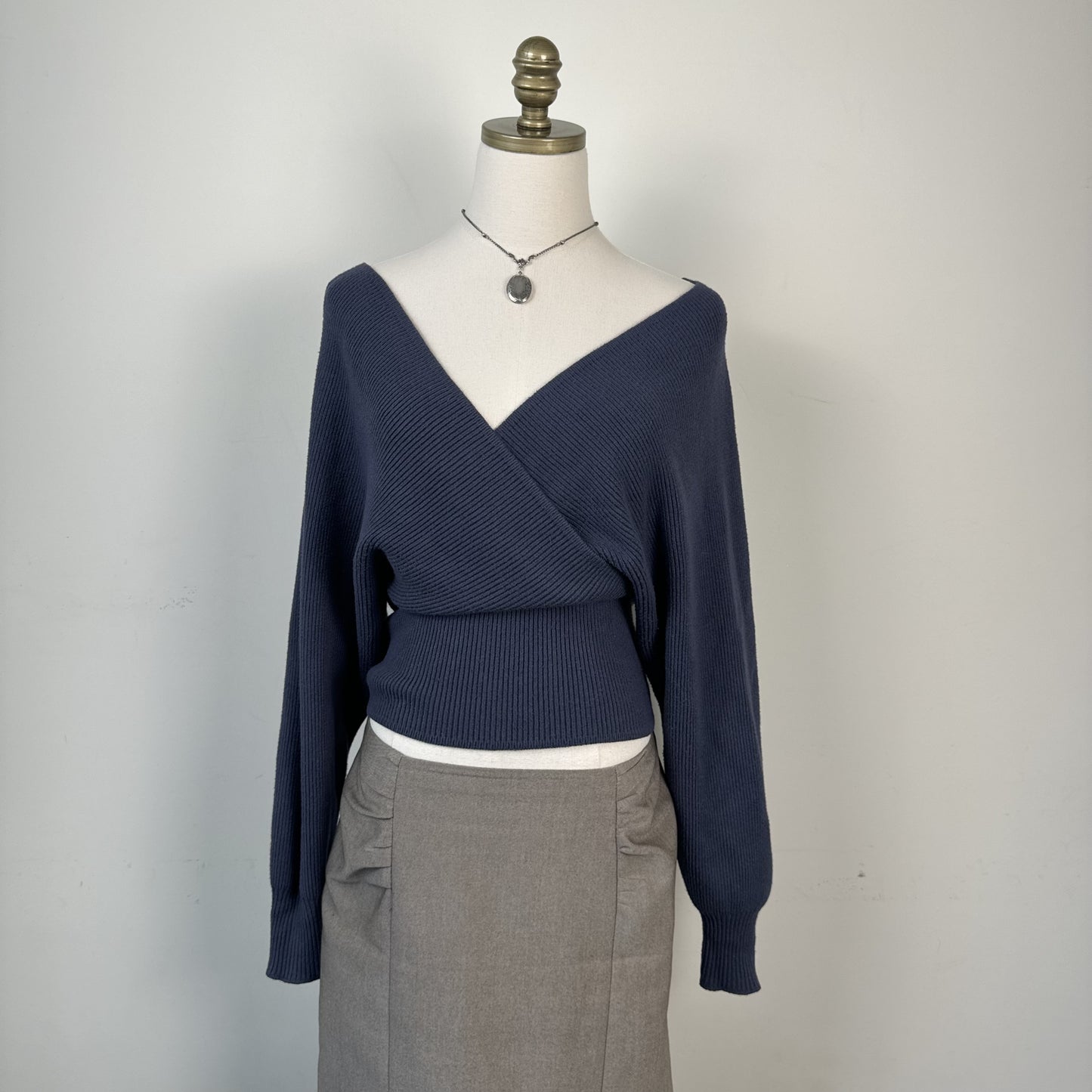 Love Tree Pigeon Blue Off Shoulder Cinched Dolman Wrap Sweater Top – view 2