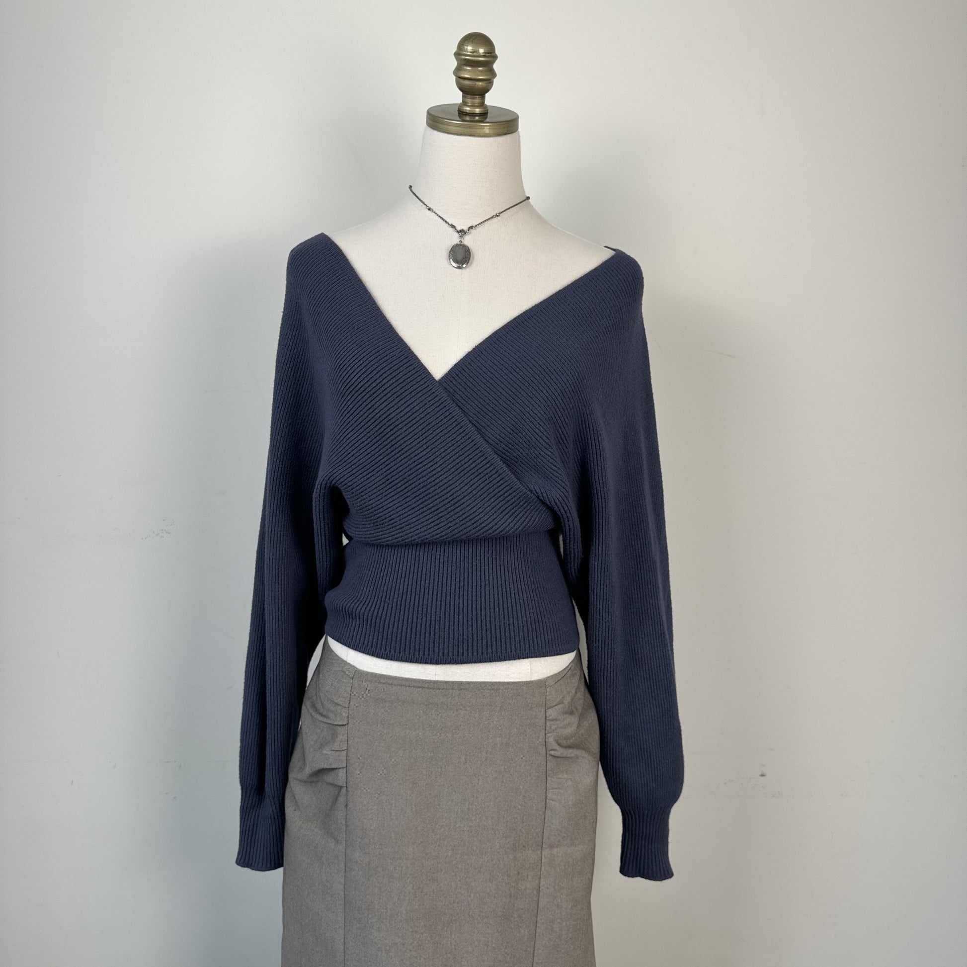 Love Tree Pigeon Blue Off Shoulder Cinched Dolman Wrap Sweater Top – view 2