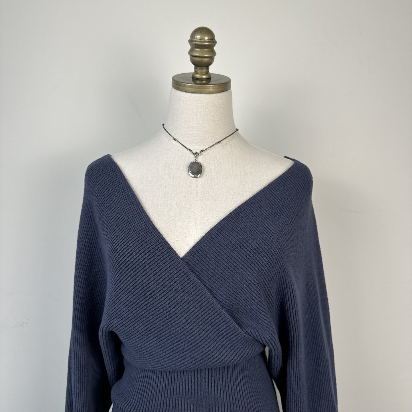 Love Tree Pigeon Blue Off Shoulder Cinched Dolman Wrap Sweater Top – view 3