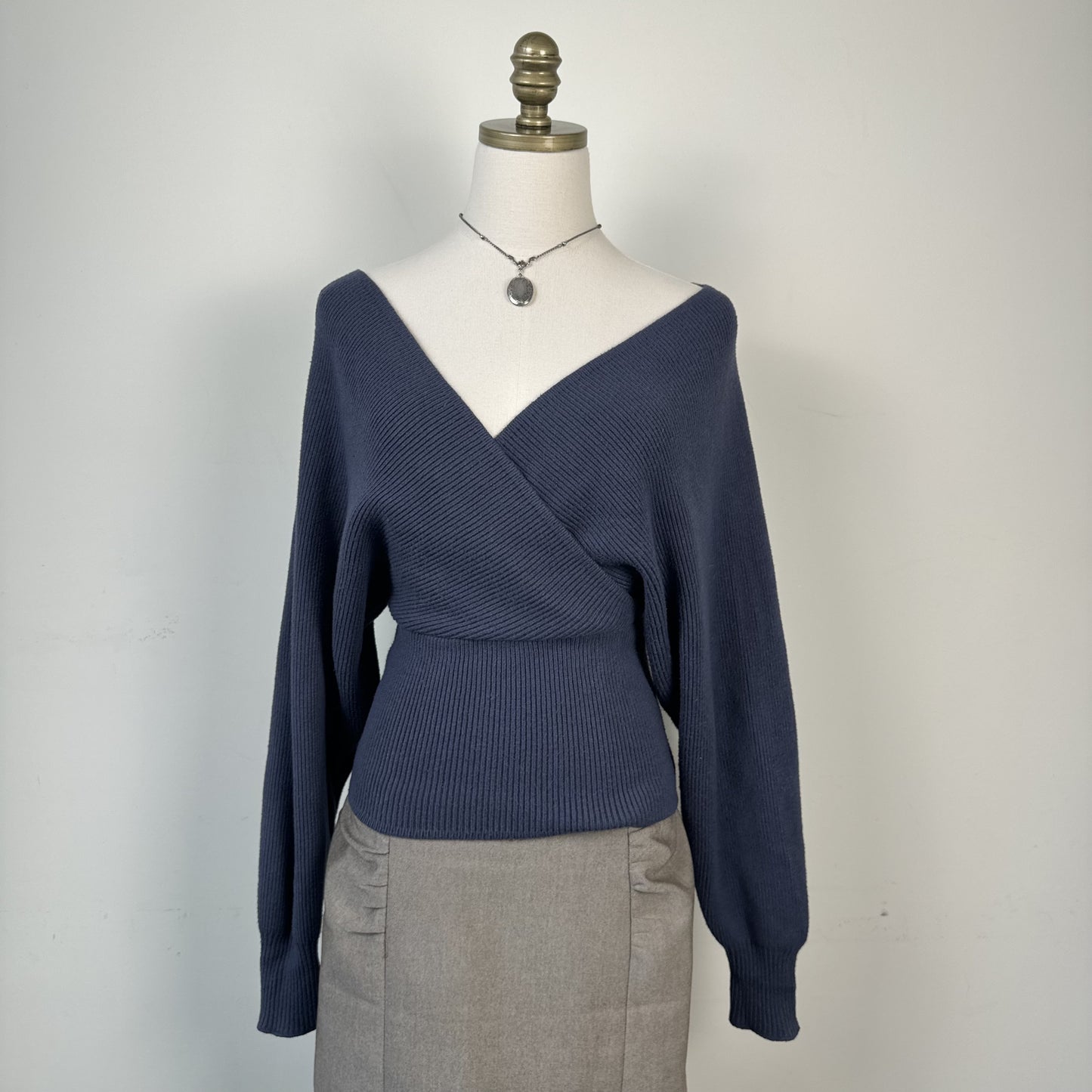 Love Tree Pigeon Blue Off Shoulder Cinched Dolman Wrap Sweater Top – view 4