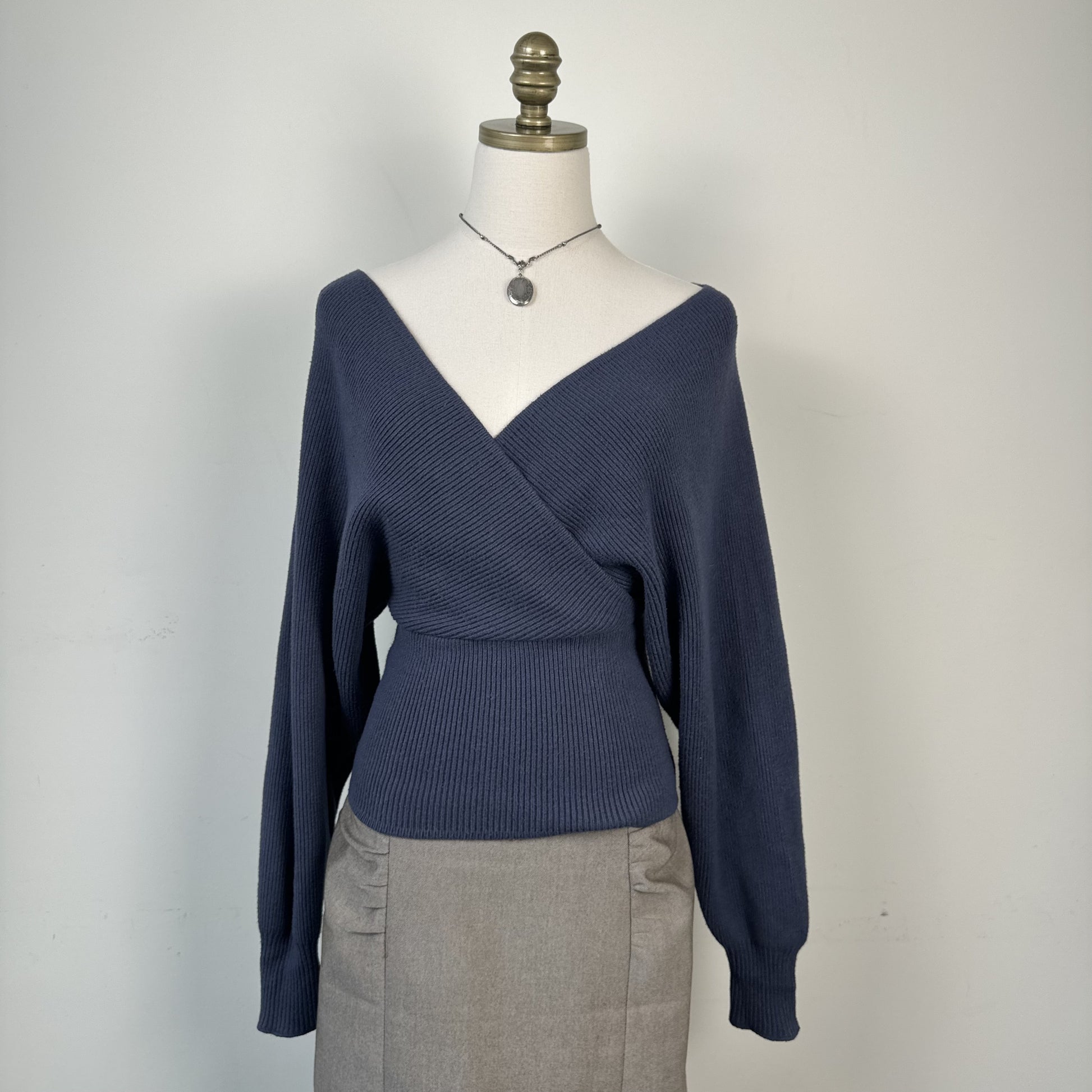 Love Tree Pigeon Blue Off Shoulder Cinched Dolman Wrap Sweater Top – view 4