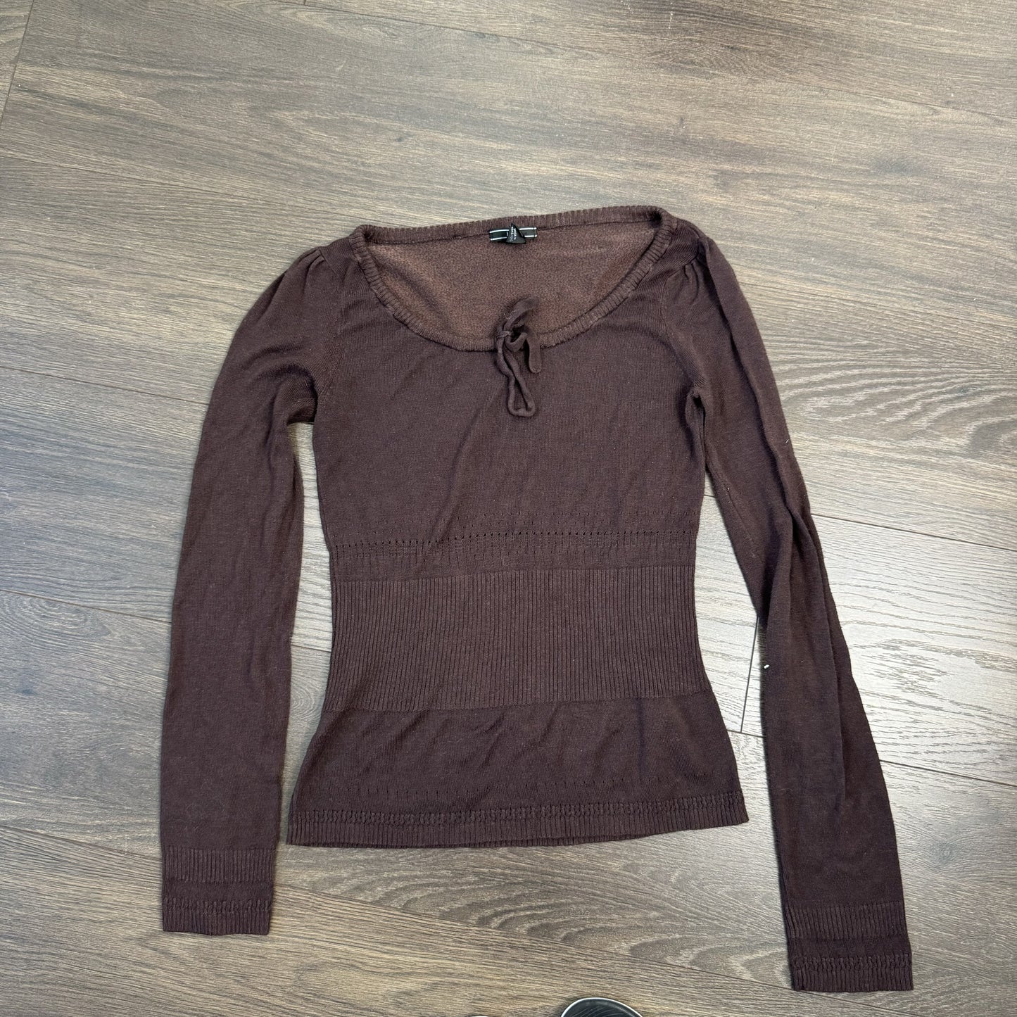 Mango Brown Knit Fitted Scoop Neck Sweater with Tie Detail – view 9