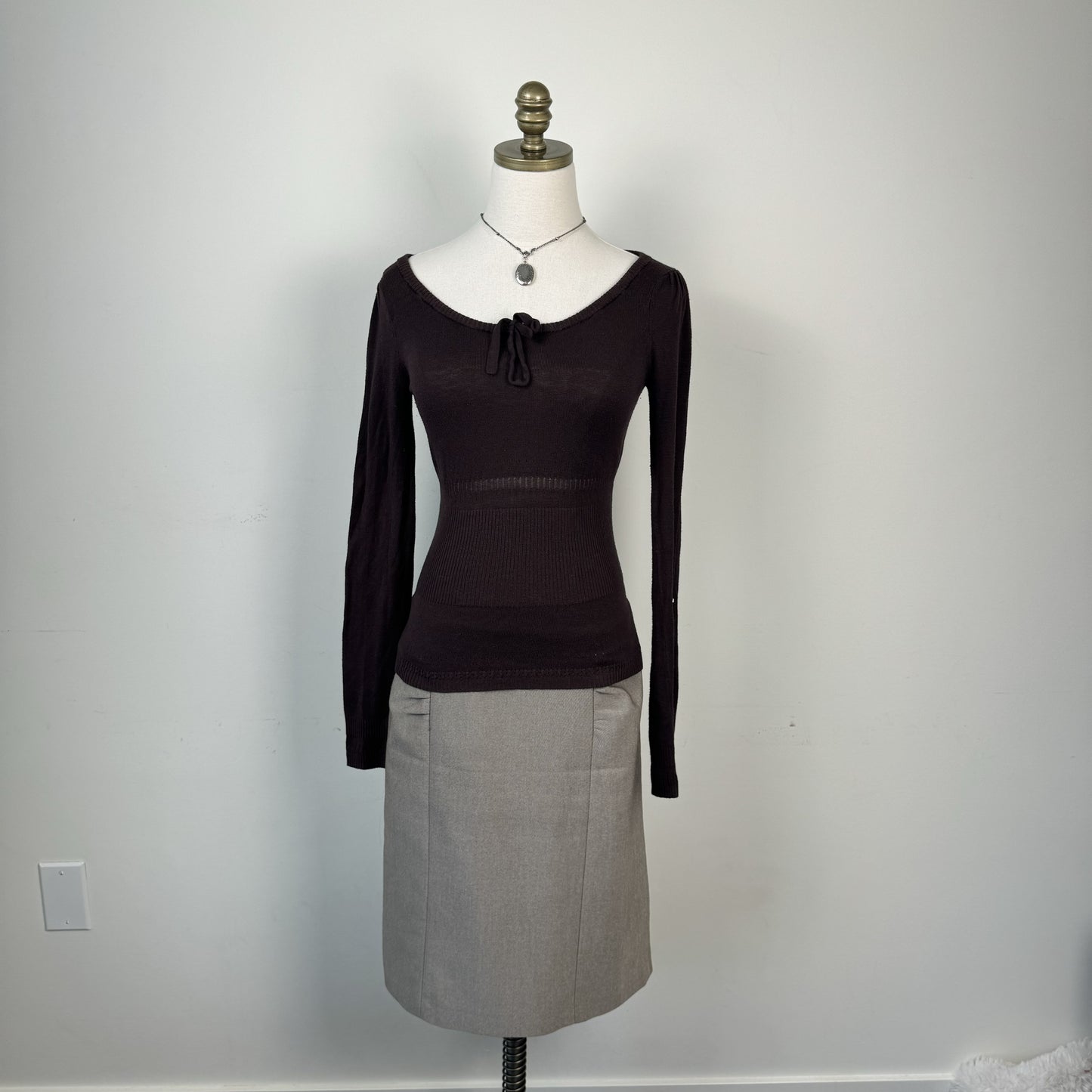 Mango Brown Knit Fitted Scoop Neck Sweater with Tie Detail