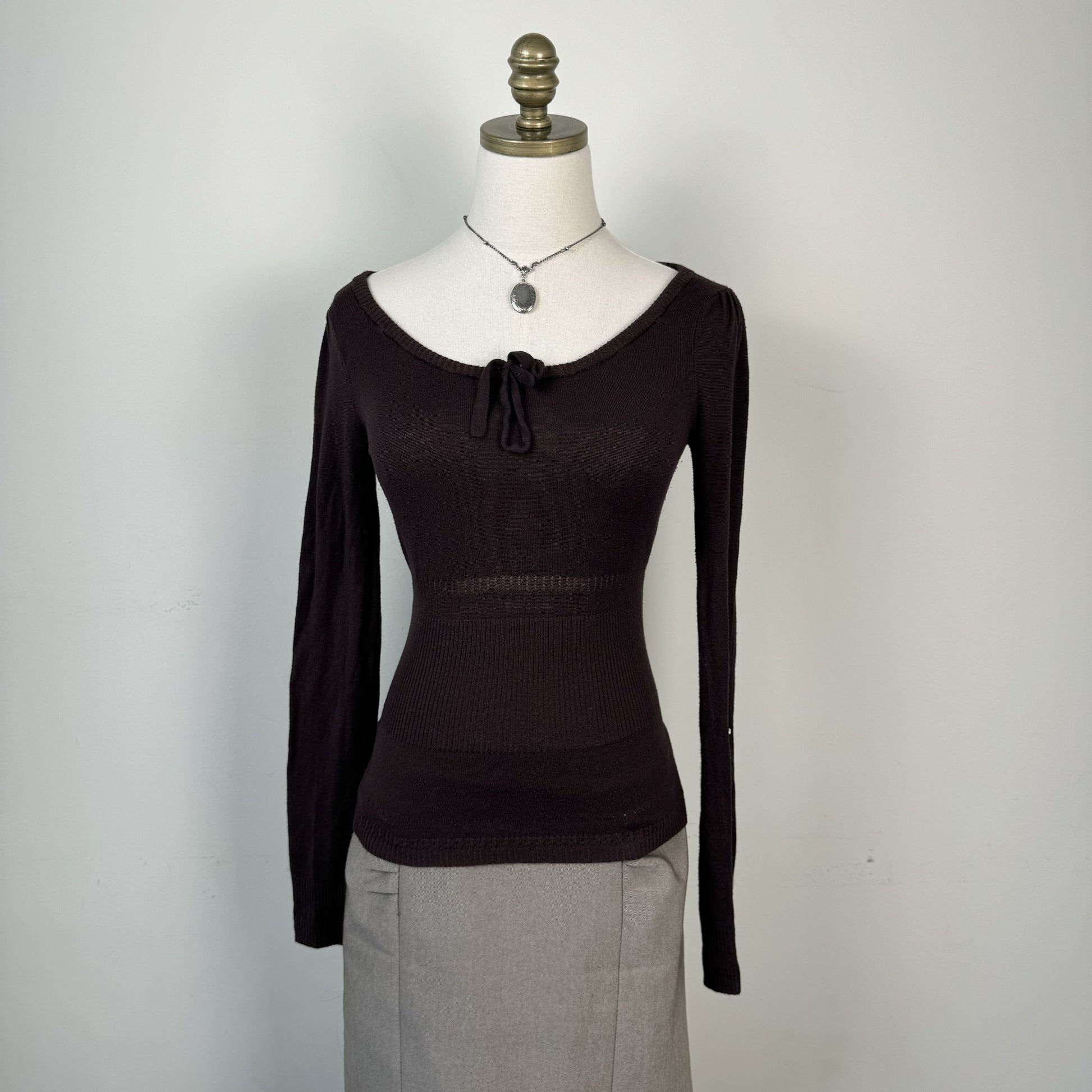 Mango Brown Knit Fitted Scoop Neck Sweater with Tie Detail – view 2