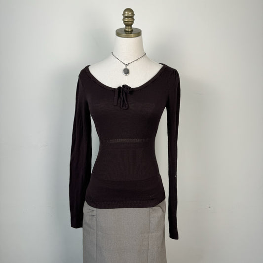 Mango Brown Knit Fitted Scoop Neck Sweater with Tie Detail – view 2