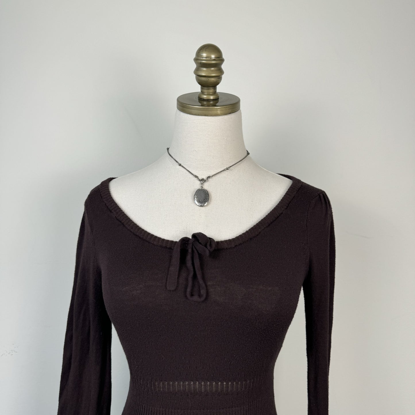 Mango Brown Knit Fitted Scoop Neck Sweater with Tie Detail – view 3
