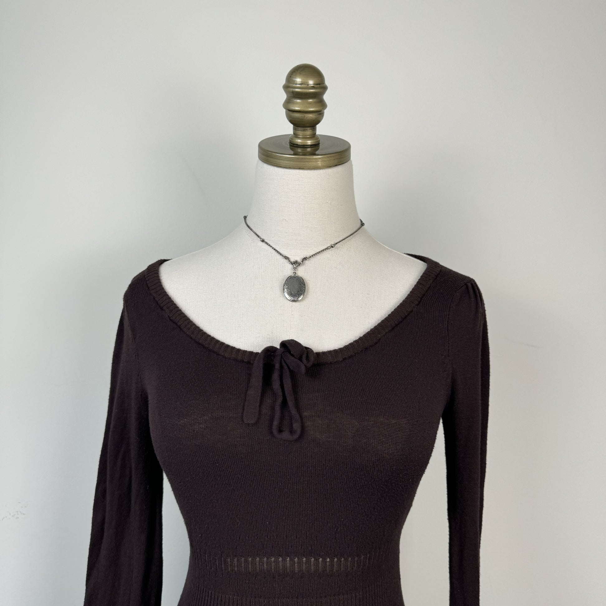 Mango Brown Knit Fitted Scoop Neck Sweater with Tie Detail – view 3
