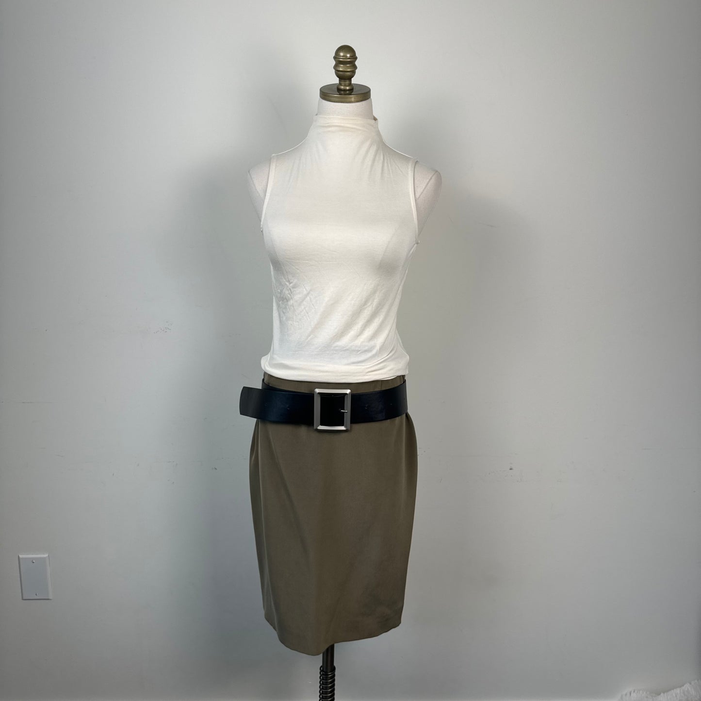 Vintage Evan-Picone Khaki 100% Silk Midi Skirt
