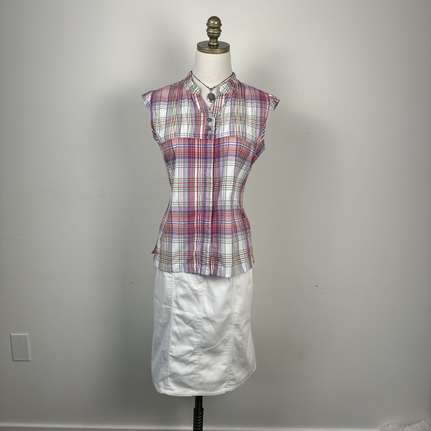 Purple Plaid Mandarin Collar Babydoll Button Up Blouse