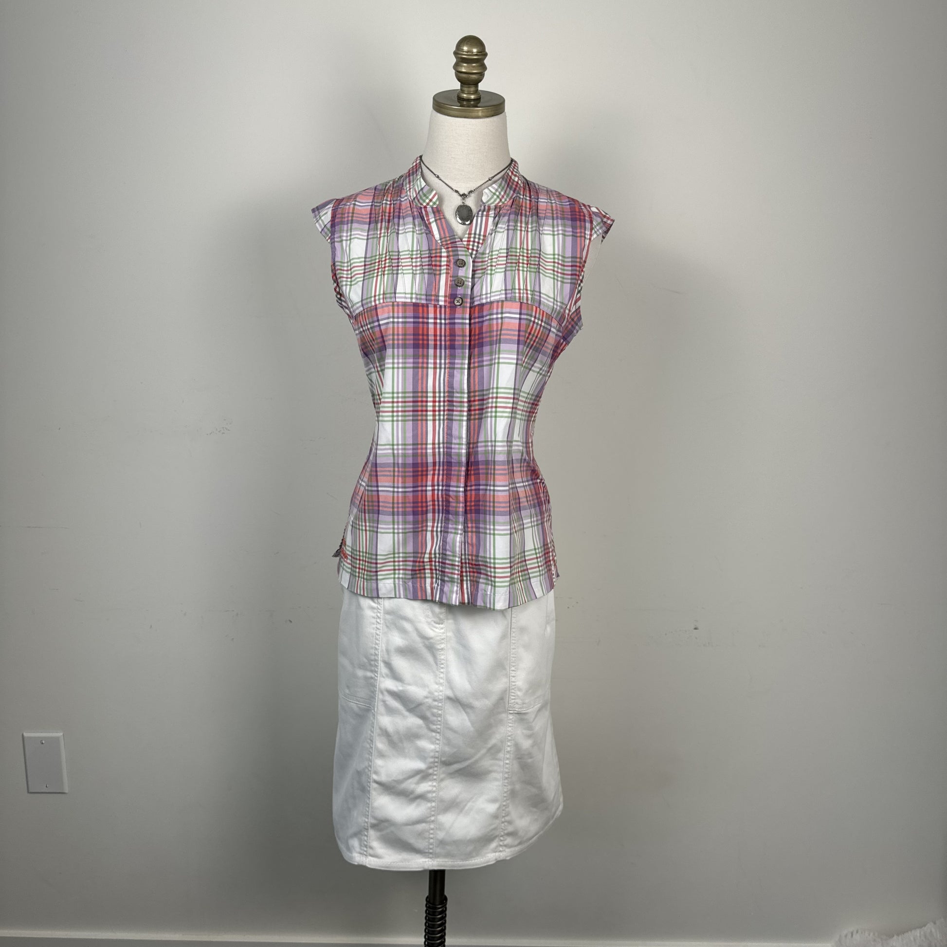 Purple Plaid Mandarin Collar Babydoll Button Up Blouse