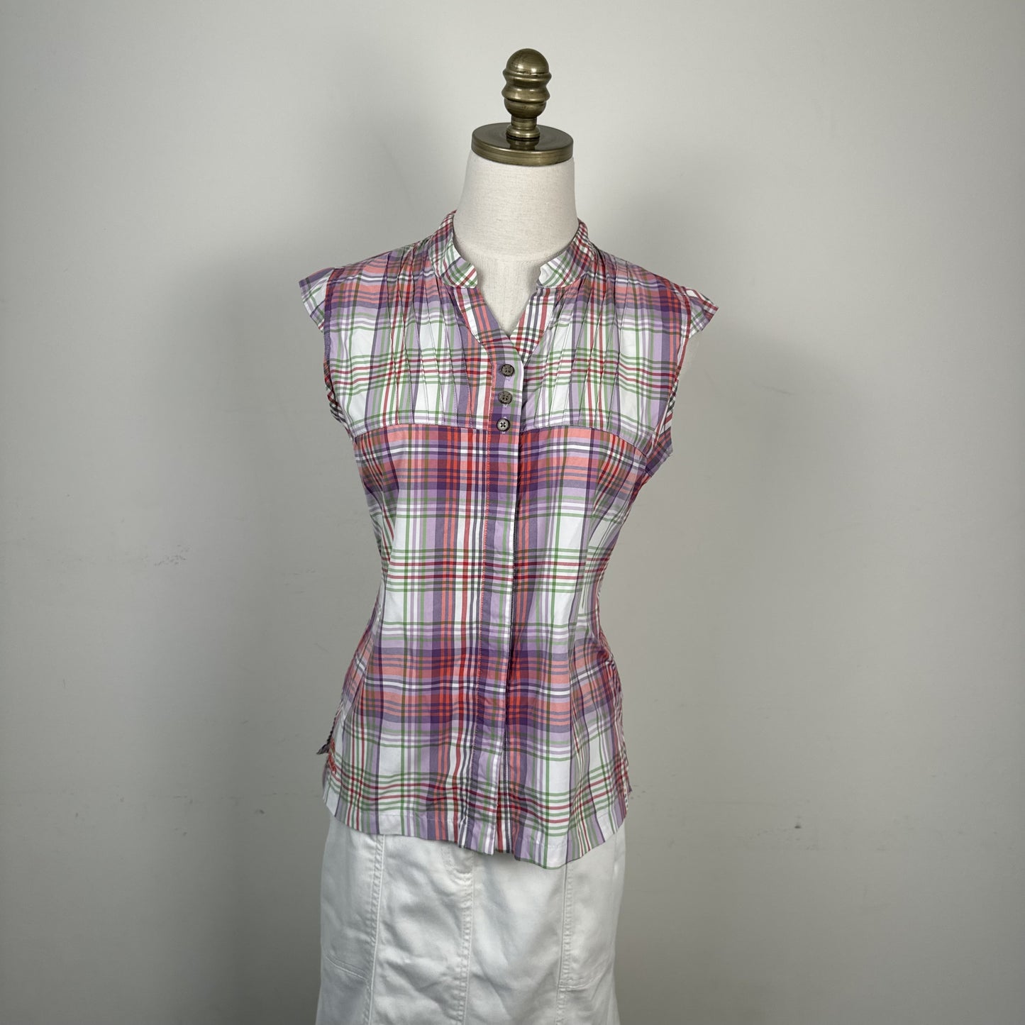 Purple Plaid Mandarin Collar Babydoll Button Up Blouse – view 2