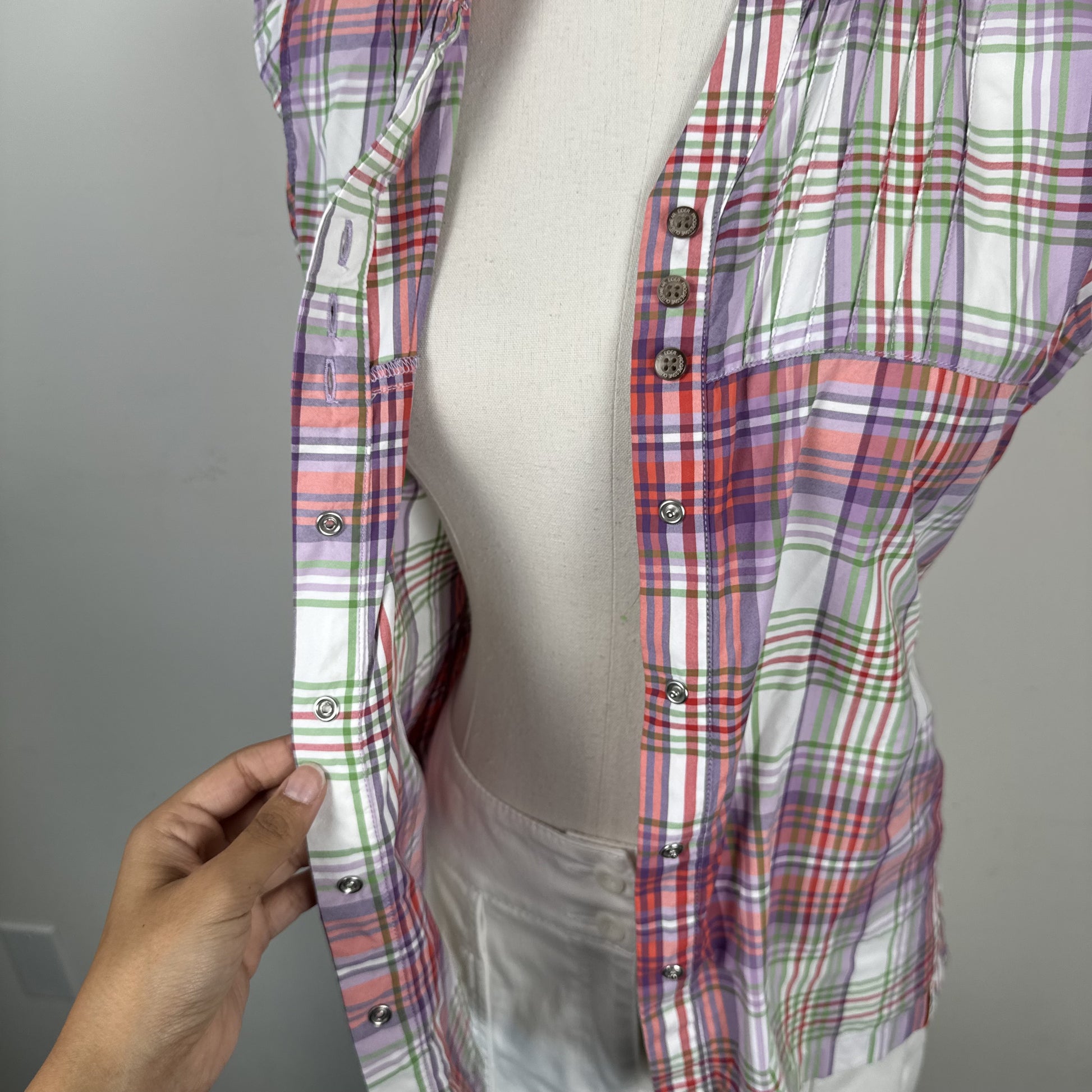 Purple Plaid Mandarin Collar Babydoll Button Up Blouse – view 7
