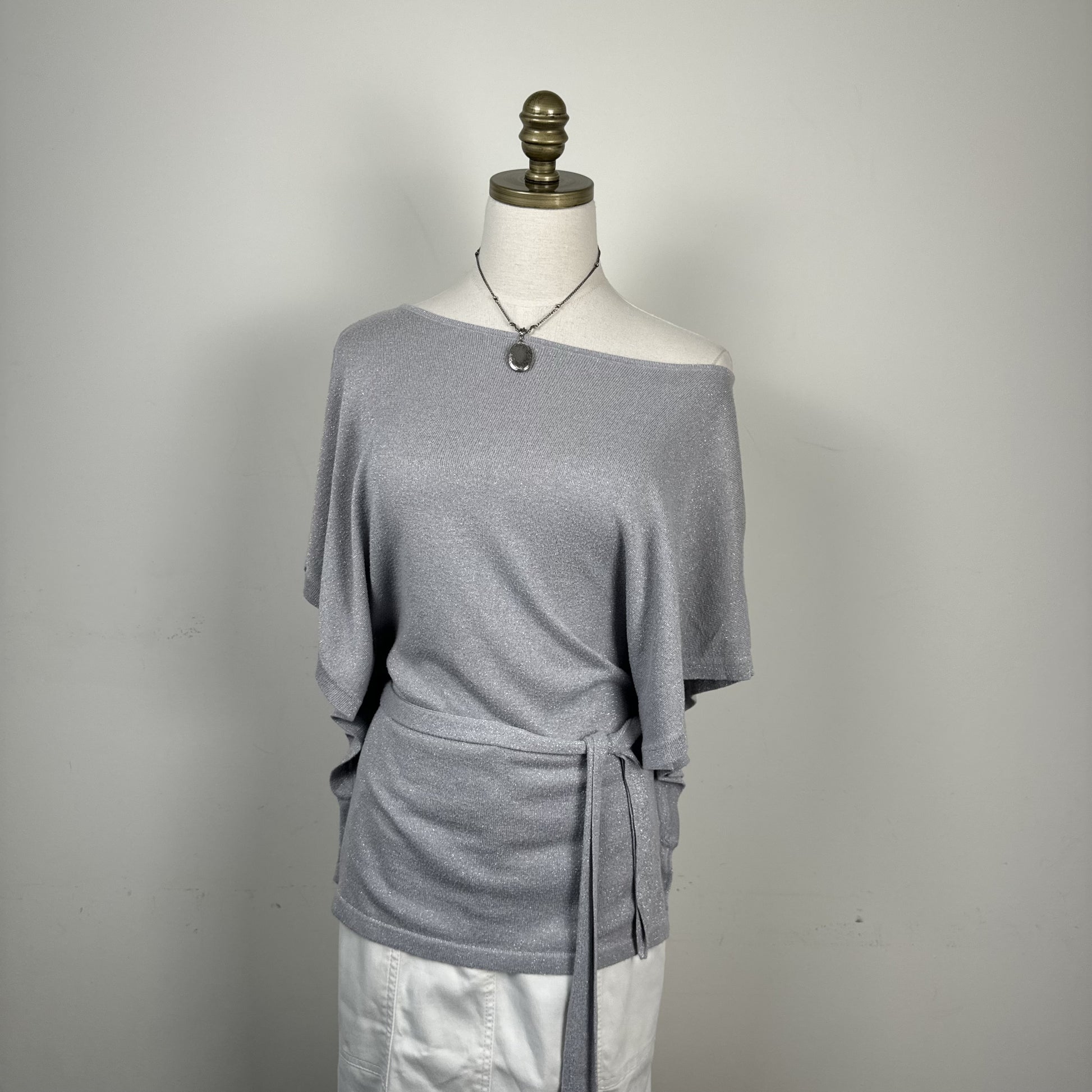 Lilac Off Shoulder Dolman Bat Wing Knit Top with Waist Belt – view 2
