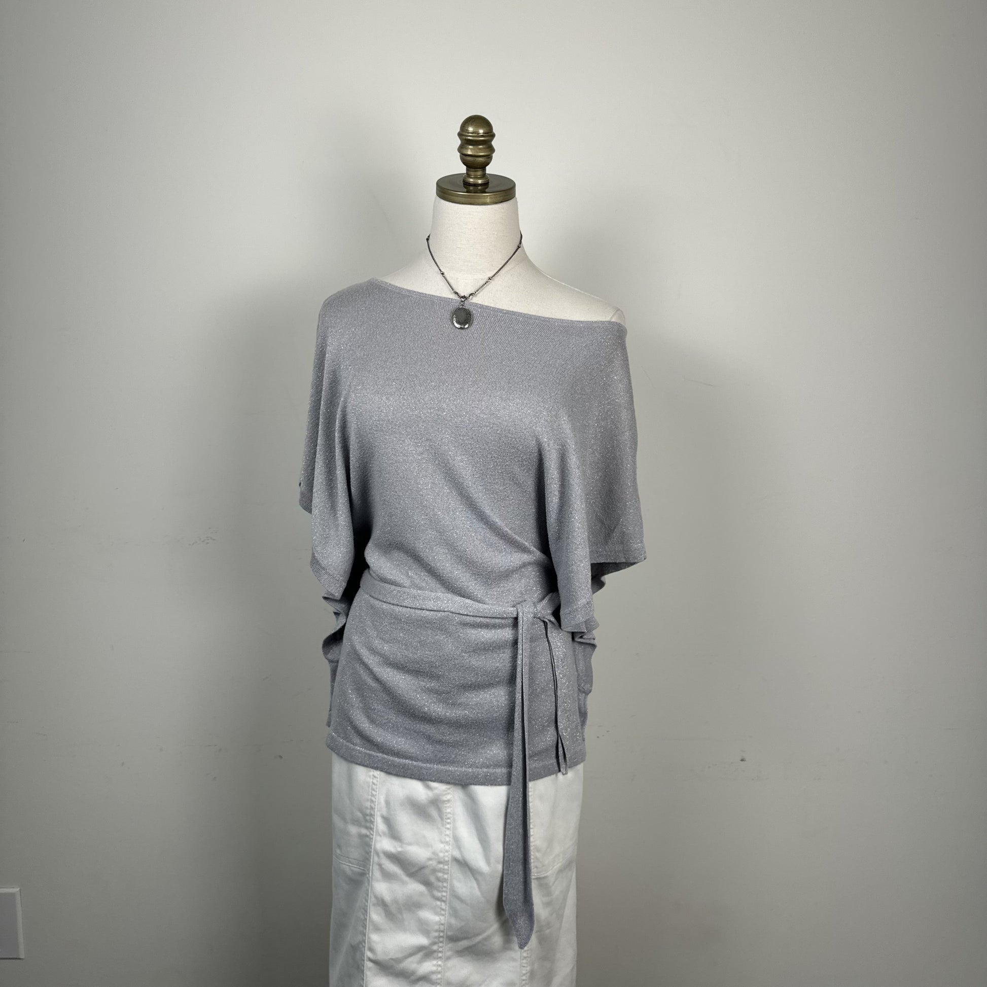 Lilac Off Shoulder Dolman Bat Wing Knit Top with Waist Belt – view 3