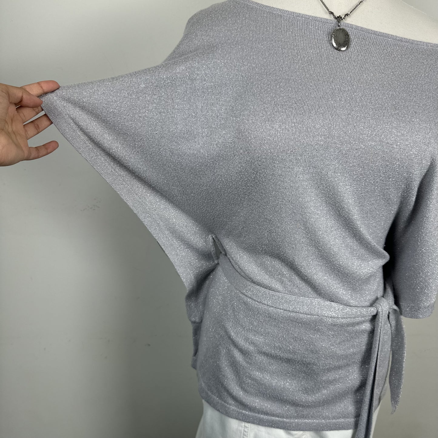 Lilac Off Shoulder Dolman Bat Wing Knit Top with Waist Belt – view 8