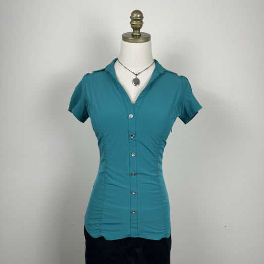 Teal Fitted Short Sleeve Button Up Shirt – view 2