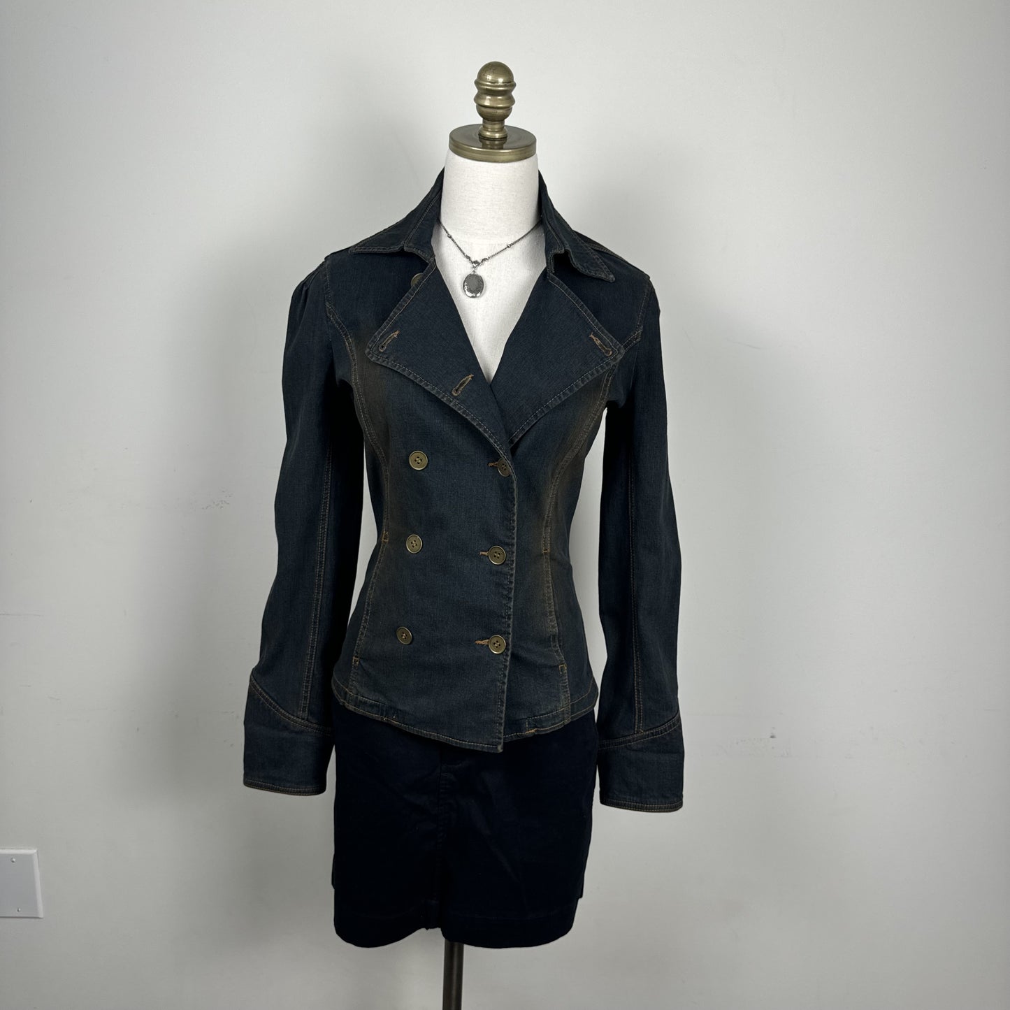 Vintage Nitrostretch Faded Mud Wash Double Breasted Denim Blazer