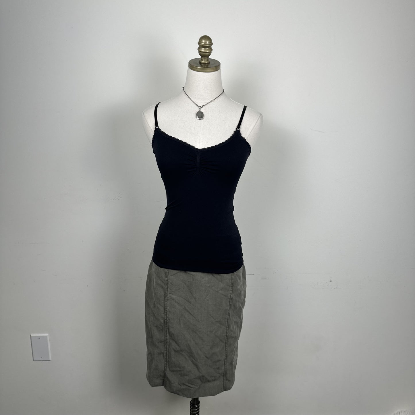 Black Fitted Lace Trim Cinched Bust Tank Top