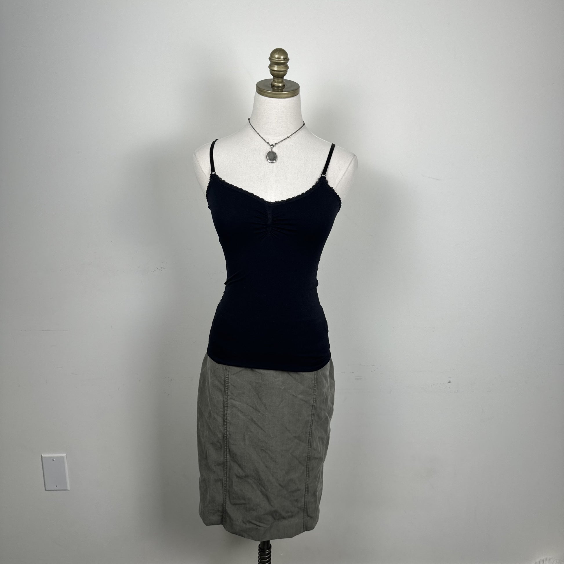 Black Fitted Lace Trim Cinched Bust Tank Top