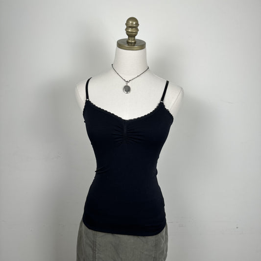 Black Fitted Lace Trim Cinched Bust Tank Top – view 2