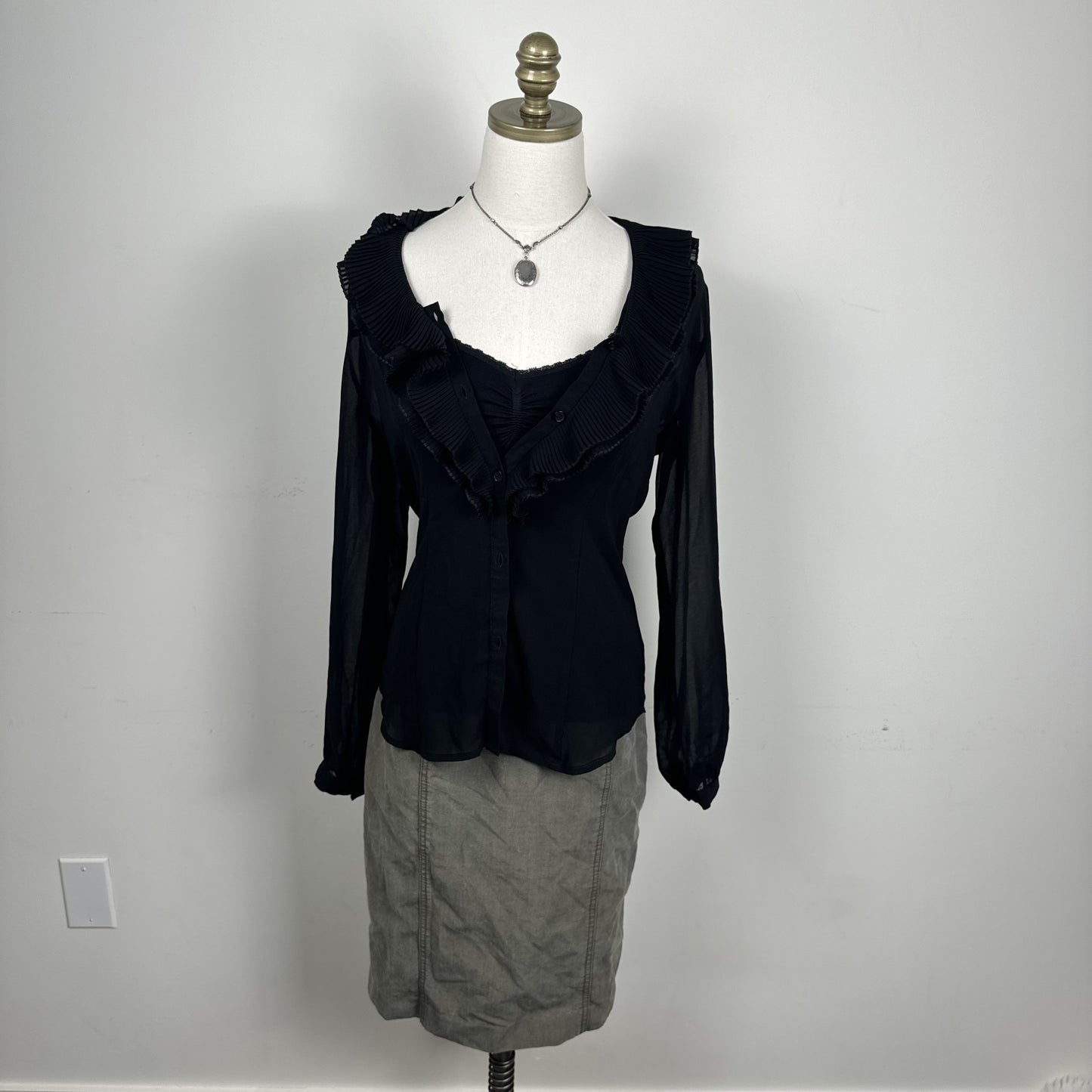 Black Semi Sheer Chiffon Ruffled Neck Button Up Blouse