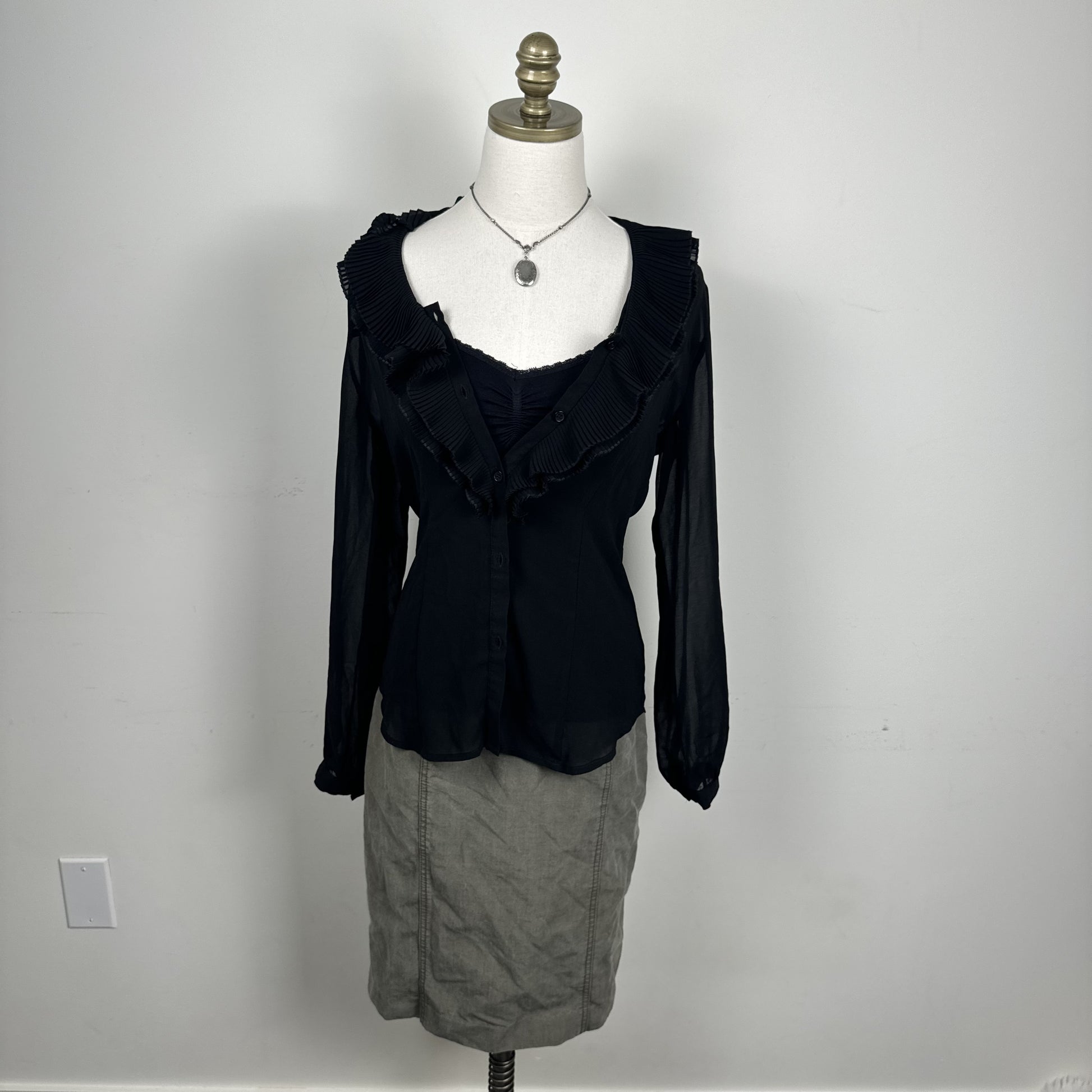 Black Semi Sheer Chiffon Ruffled Neck Button Up Blouse