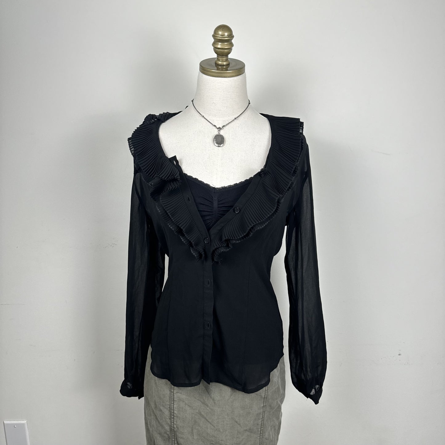 Black Semi Sheer Chiffon Ruffled Neck Button Up Blouse – view 2