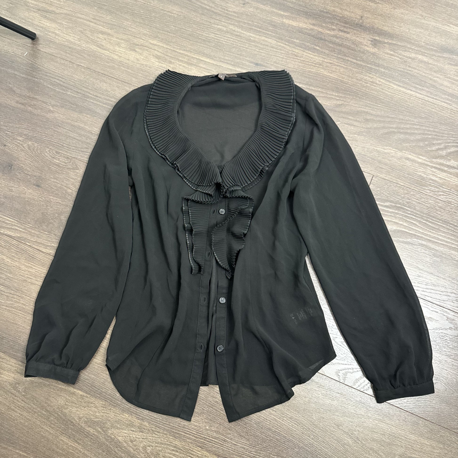 Black Semi Sheer Chiffon Ruffled Neck Button Up Blouse – view 12
