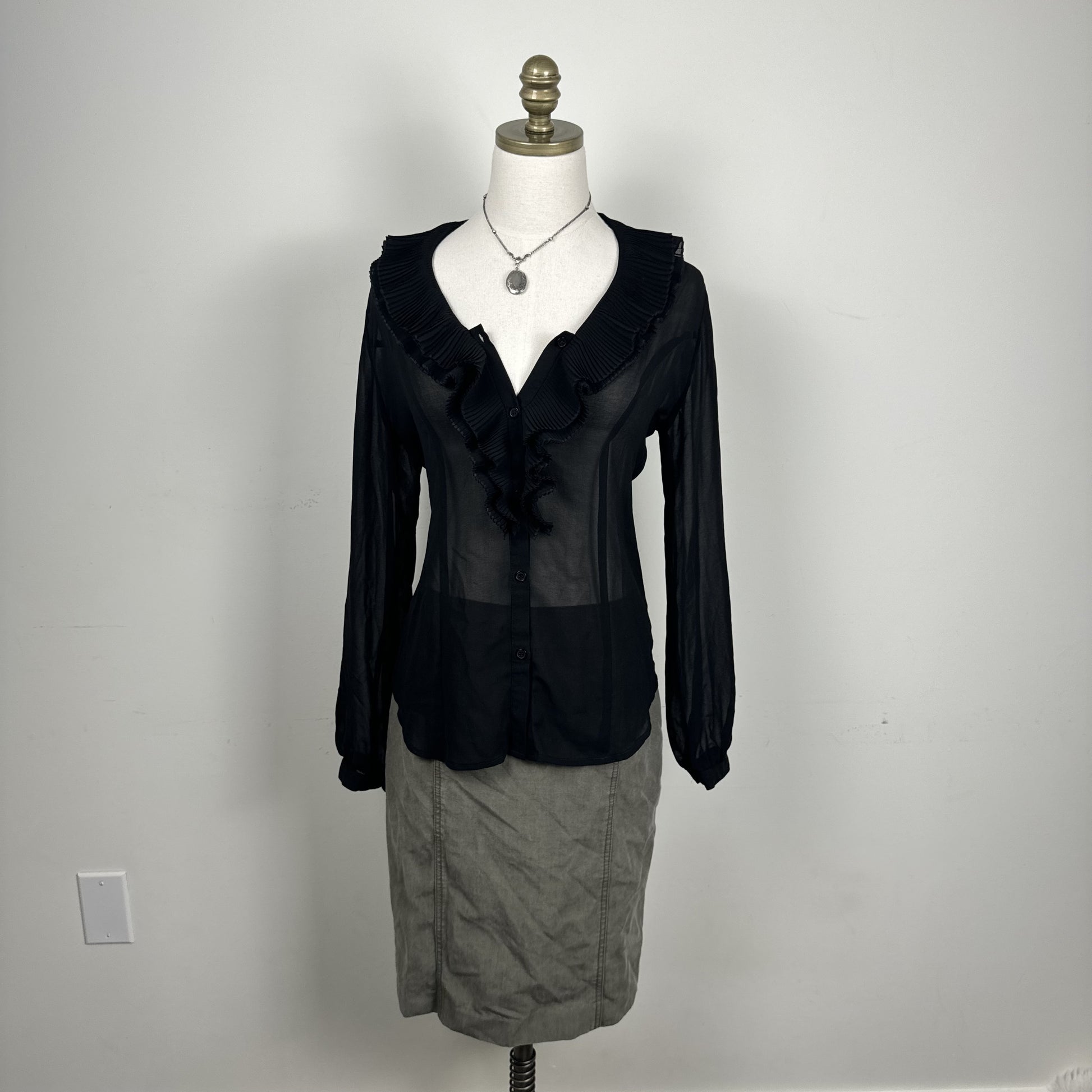 Black Semi Sheer Chiffon Ruffled Neck Button Up Blouse – view 3