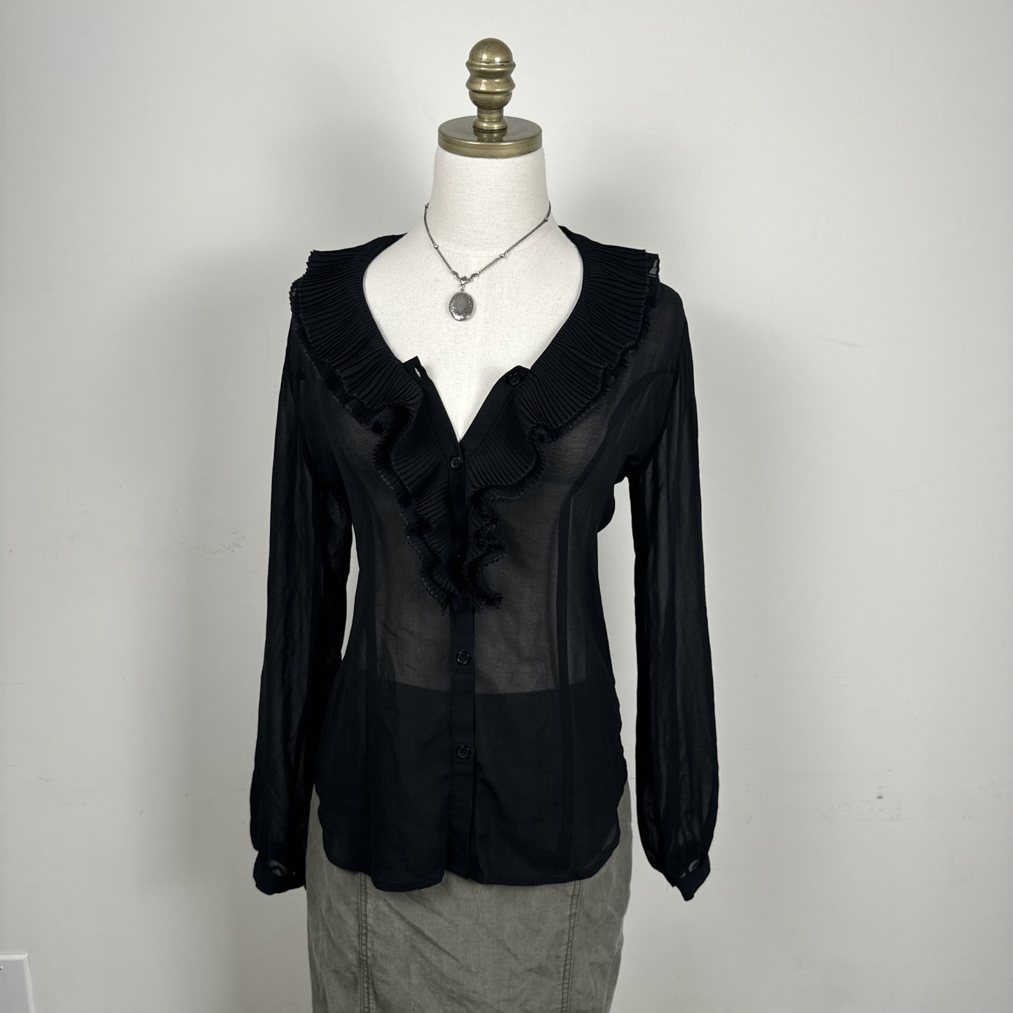 Black Semi Sheer Chiffon Ruffled Neck Button Up Blouse – view 4