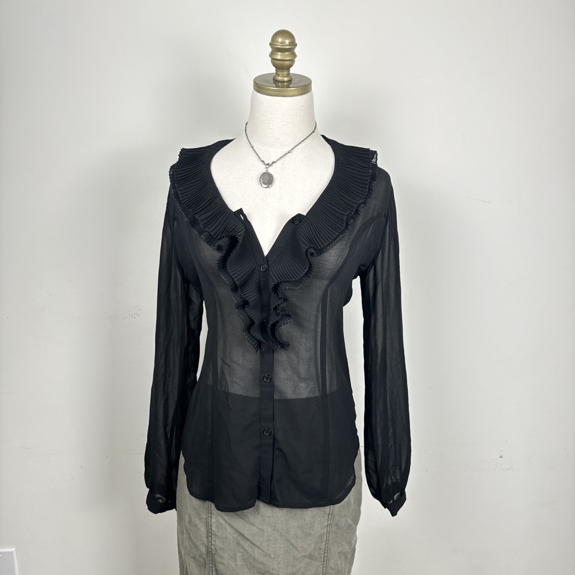 Black Semi Sheer Chiffon Ruffled Neck Button Up Blouse – view 5
