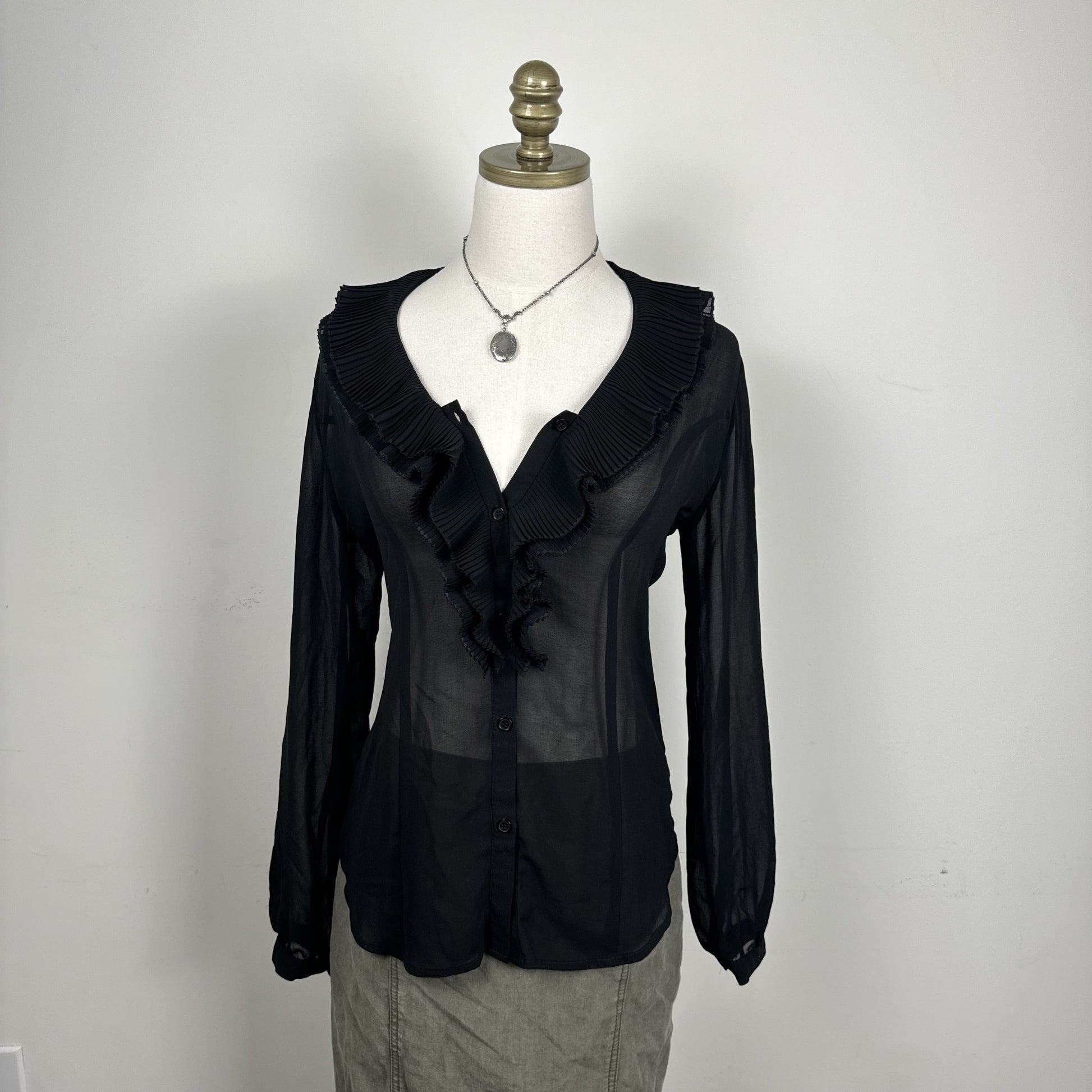 Black Semi Sheer Chiffon Ruffled Neck Button Up Blouse – view 6