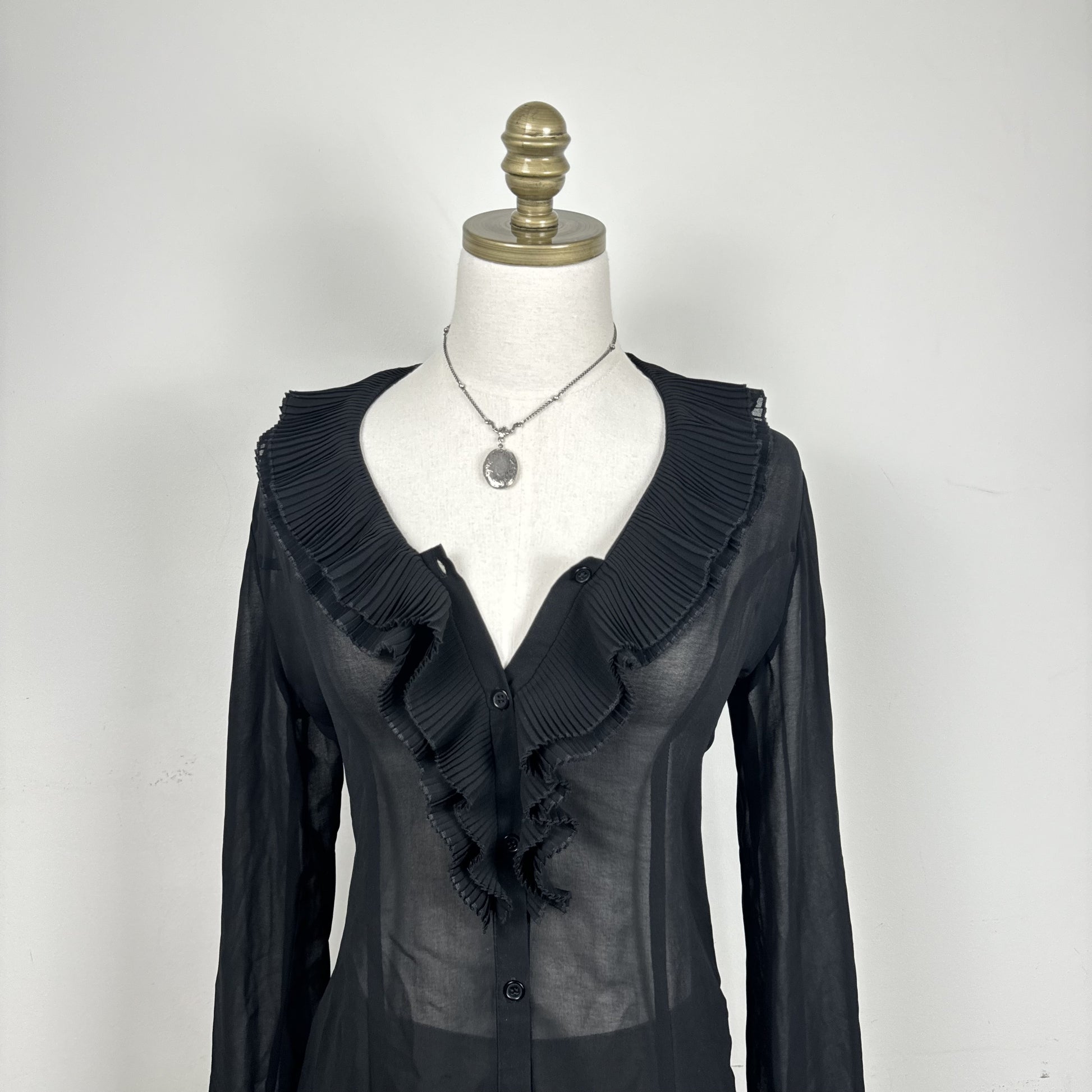 Black Semi Sheer Chiffon Ruffled Neck Button Up Blouse – view 11