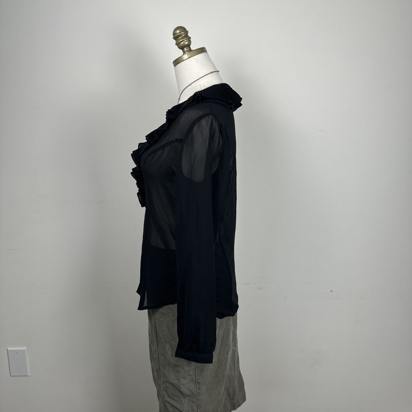 Black Semi Sheer Chiffon Ruffled Neck Button Up Blouse – view 7