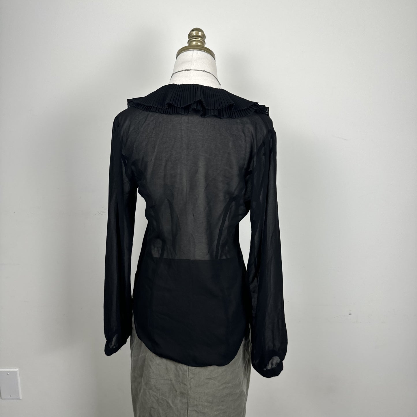 Black Semi Sheer Chiffon Ruffled Neck Button Up Blouse – view 8