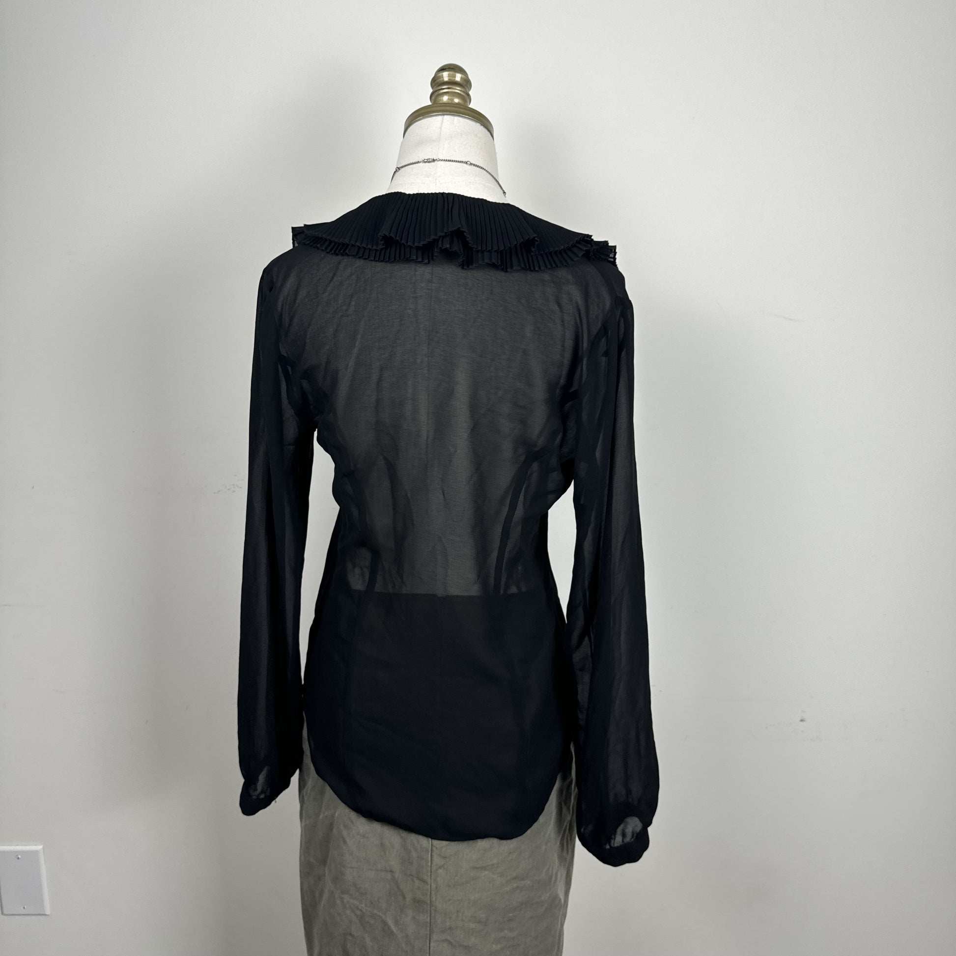 Black Semi Sheer Chiffon Ruffled Neck Button Up Blouse – view 8