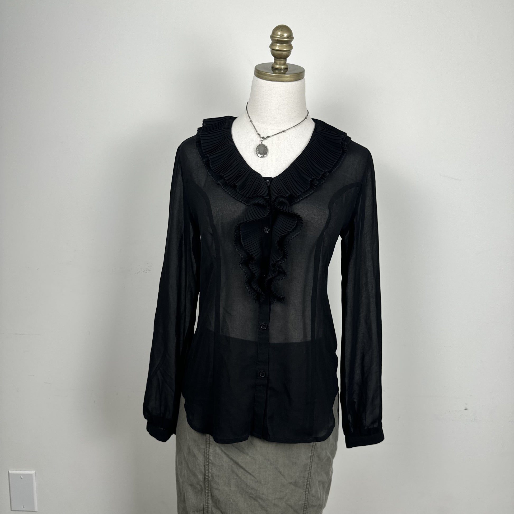 Black Semi Sheer Chiffon Ruffled Neck Button Up Blouse – view 9