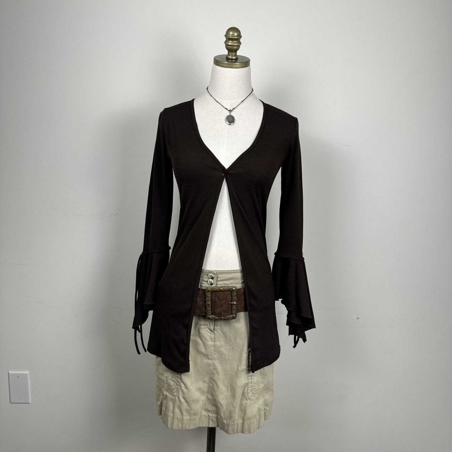Vintage Brown Open Front Bell Sleeve Tie Detail Top