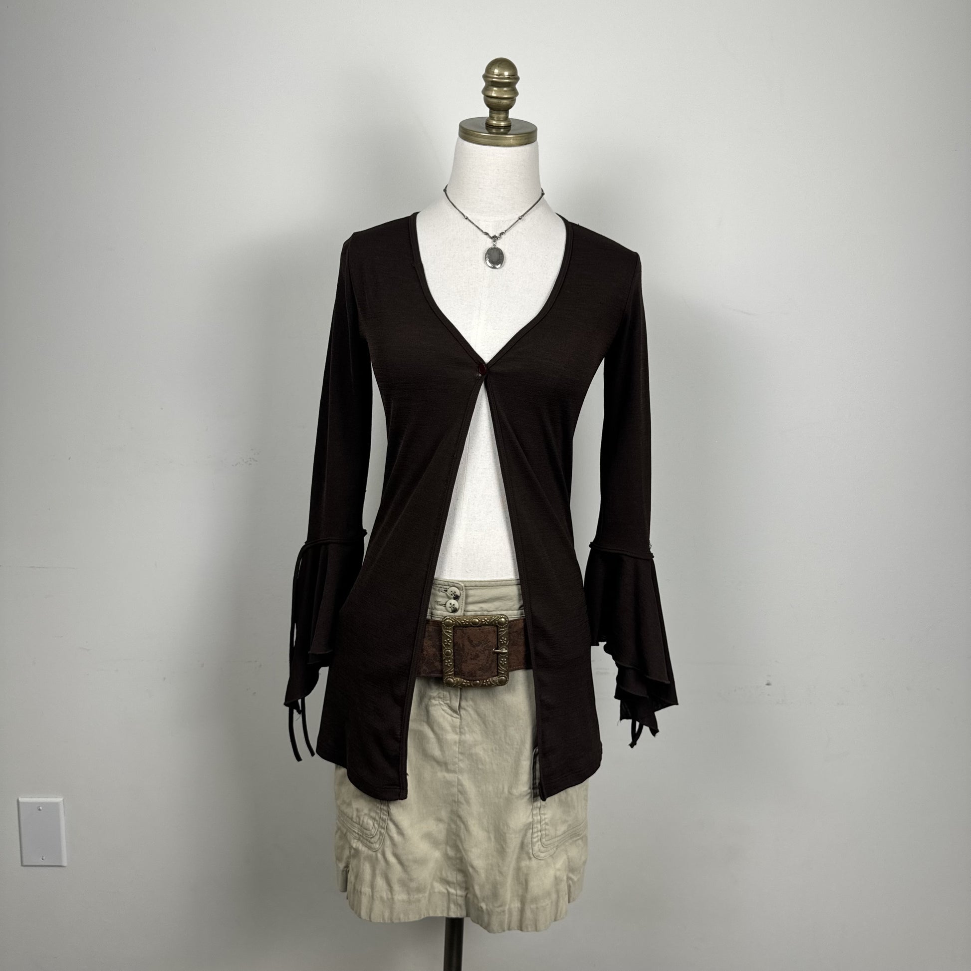 Vintage Brown Open Front Bell Sleeve Tie Detail Top