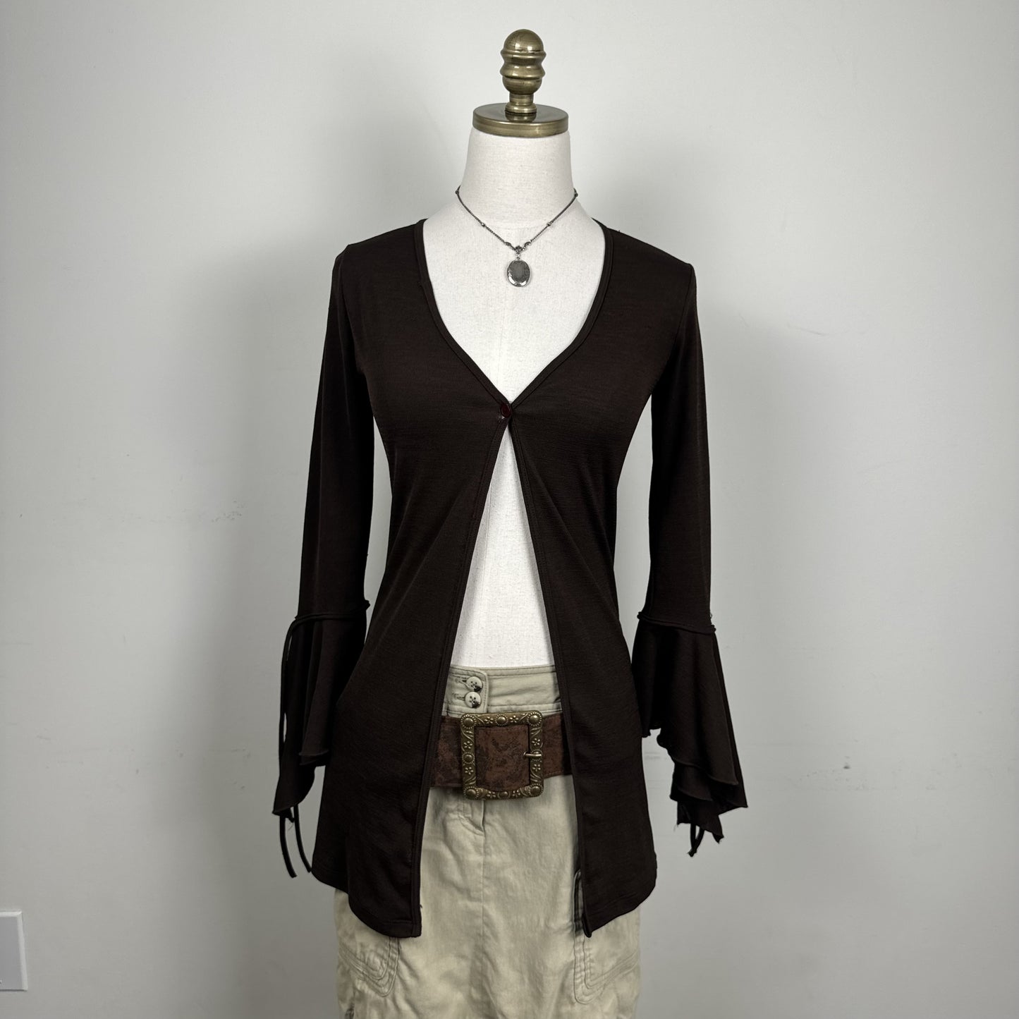 Vintage Brown Open Front Bell Sleeve Tie Detail Top – view 2