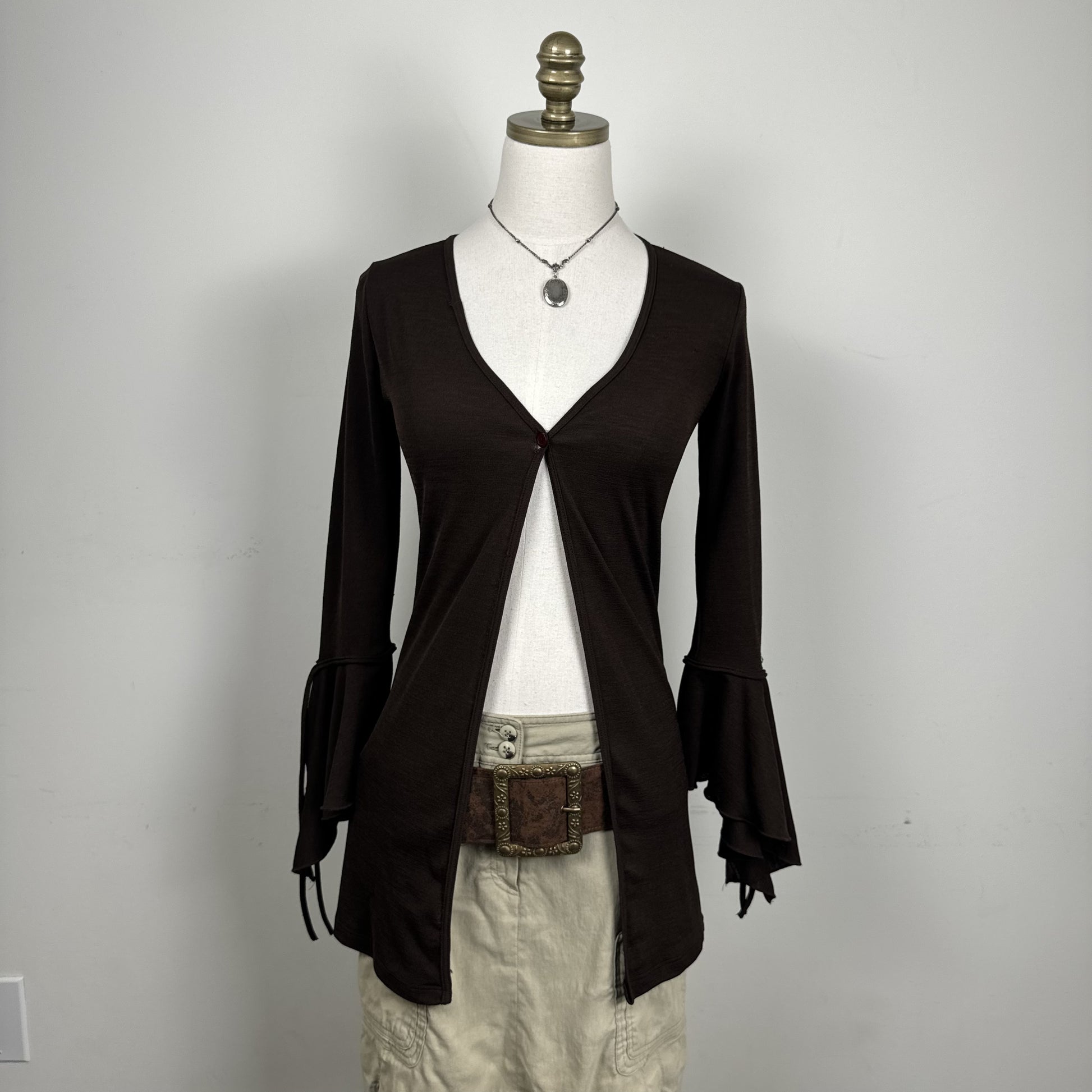 Vintage Brown Open Front Bell Sleeve Tie Detail Top – view 2