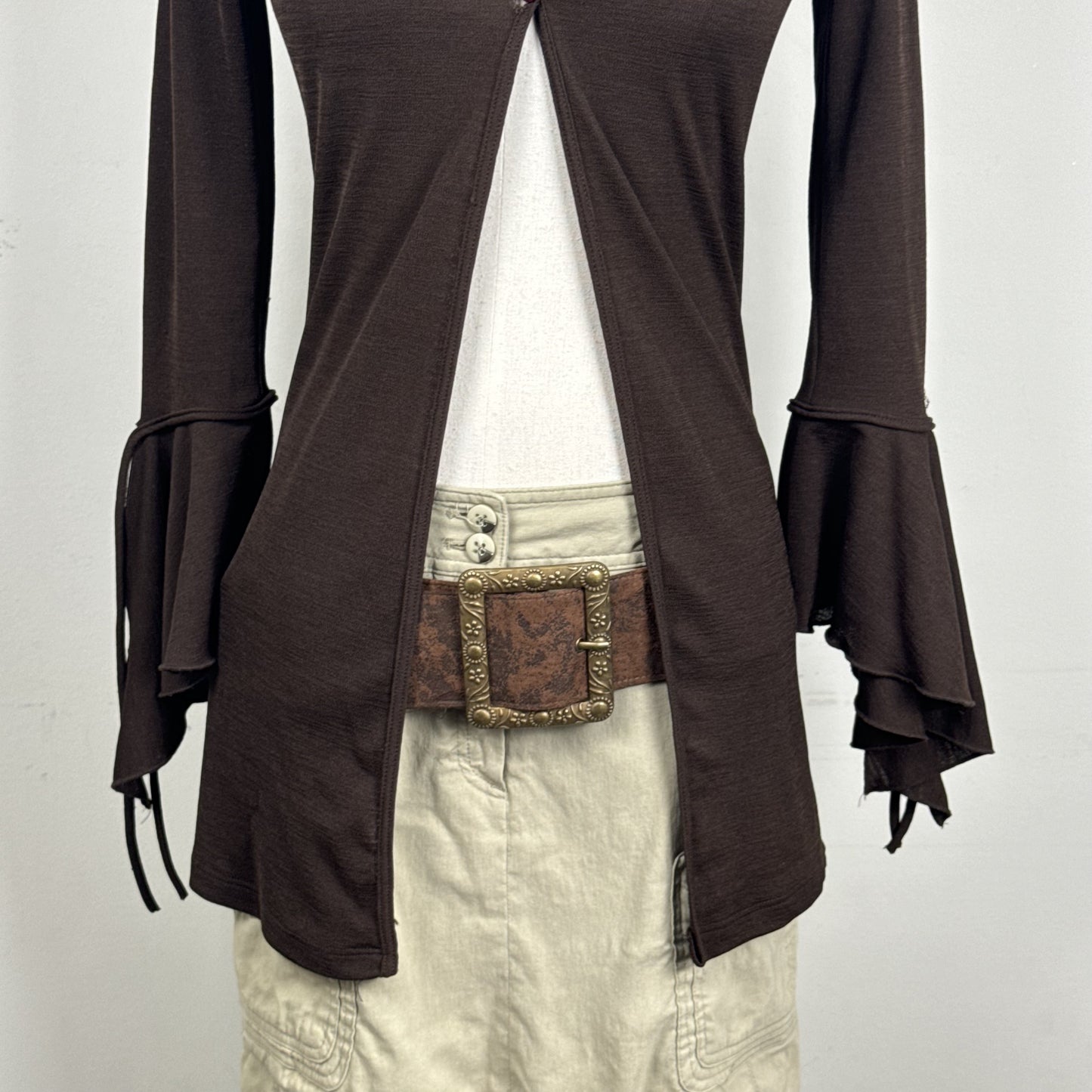Vintage Brown Open Front Bell Sleeve Tie Detail Top – view 3