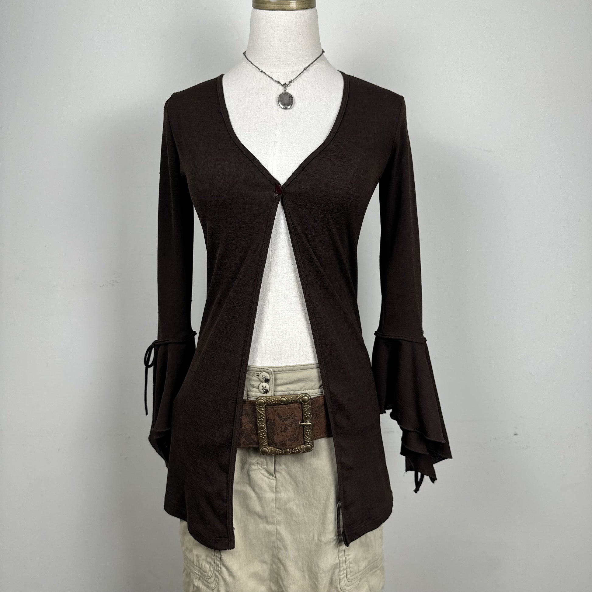 Vintage Brown Open Front Bell Sleeve Tie Detail Top – view 5