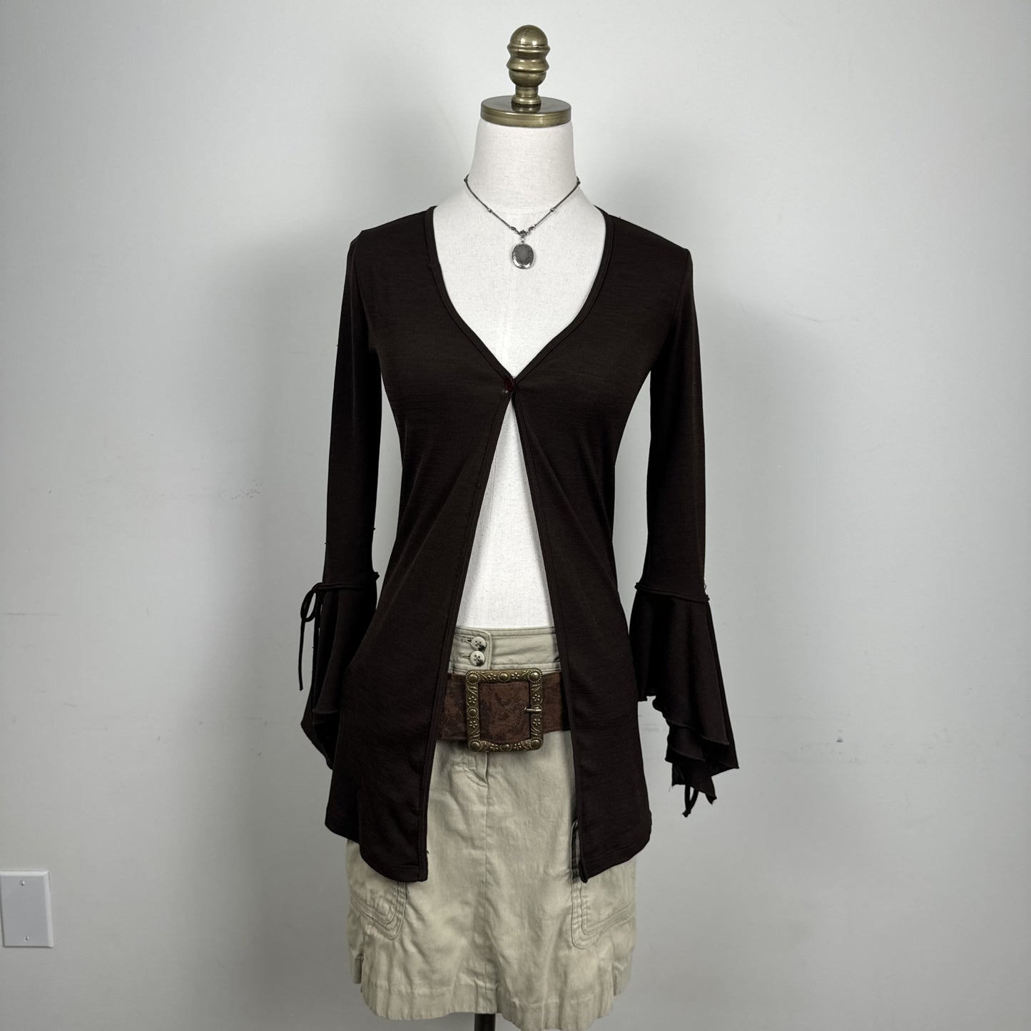 Vintage Brown Open Front Bell Sleeve Tie Detail Top – view 6