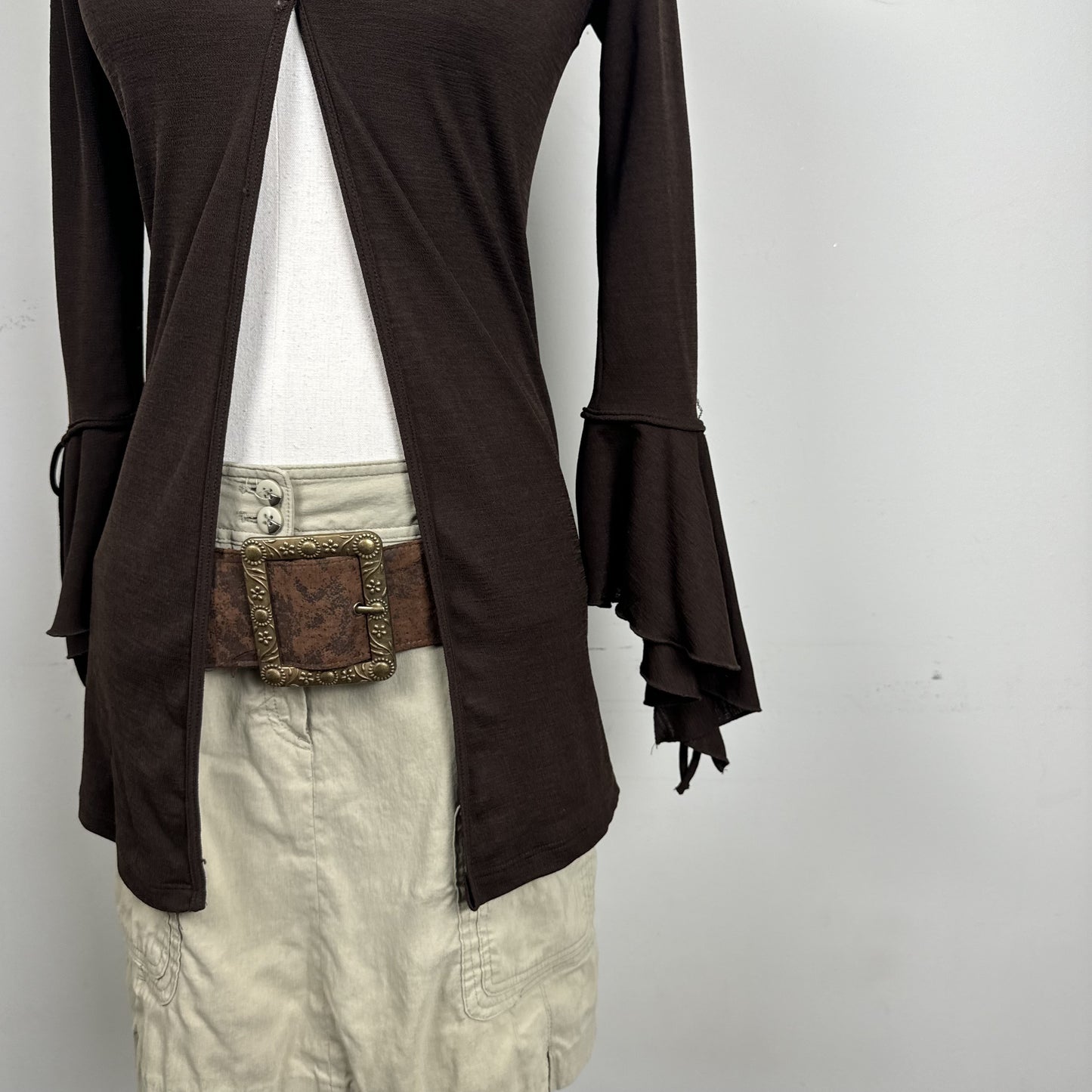 Vintage Brown Open Front Bell Sleeve Tie Detail Top – view 13